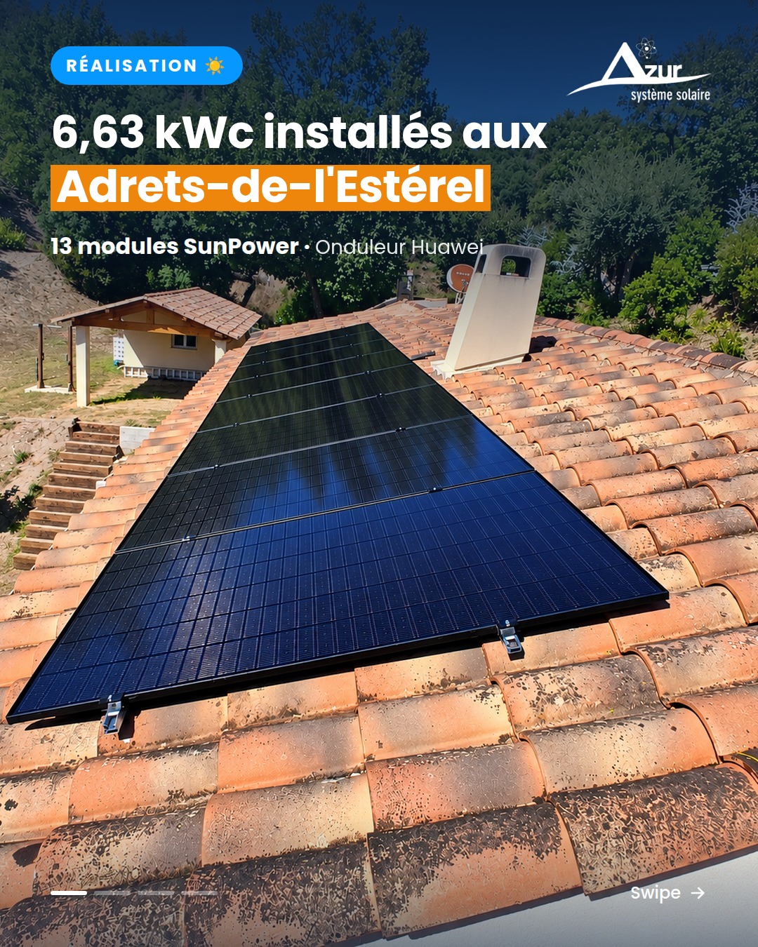 ☀️ 6,63 kWc posés sur une toiture en tuiles canal aux Adrets-de-l'Estérel (83).
Retour sur ce chantier, en 3 temps 👇
🏡 Avant : une belle toiture en tuiles canal, typique de notre région. Ce type de tuile demande une pose soignée, avec des fixations adaptées.
👷 Pendant : rails, fixations, câblage. Tout est préparé et vérifié sur le toit avant la pose du premier panneau.
✅ Après : l'installation est terminée et produit dès les premiers rayons.
🔧 Le matériel :
▪️ 13 modules SunPower
▪️ Onduleur Huawei
▪️ 6,63 kWc de puissance installée
🤔 Et si votre toiture était la prochaine ? On étudie votre projet gratuitement, selon votre toiture, votre consommation et vos objectifs.
👉 Étude personnalisée et gratuite : lien en bio
📍 Azur Système Solaire, depuis 2008 dans les Alpes-Maritimes, l'Est-Var et à Monaco.
#realisation #panneauxsolaires #photovoltaique #autoconsommation #tuilescanal #esterel #var #cotedazur #sunpower #huawei