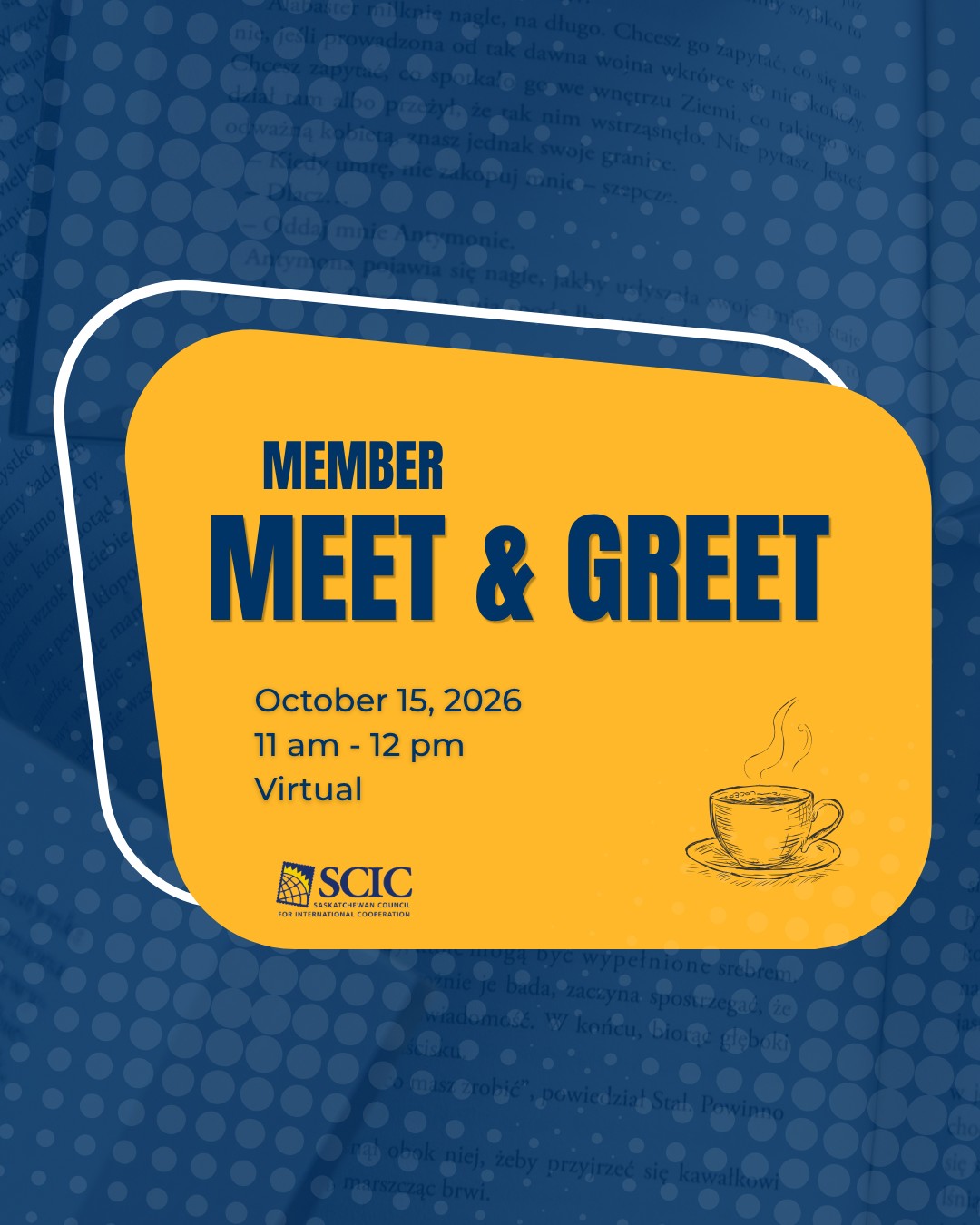 Grab a coffee and connect with your SCIC community!
Calling all SCIC members! Join our virtual Member Meet & Greet for a friendly hour of fresh faces, shared ideas, and great conversation. Whether you’re new to the network or a familiar face, we’d love to hear what you’re working on and help you connect with others making a difference. 💛
📅 October 15 | 11:00 AM - 12:00 PM CST
💻 Online via Zoom | Register via LINK IN BIO
Bring your ideas, your curiosity, and your favourite mug. We can’t wait to see you there!
#SaskCIC #CommunityConnections #Saskatchewan
