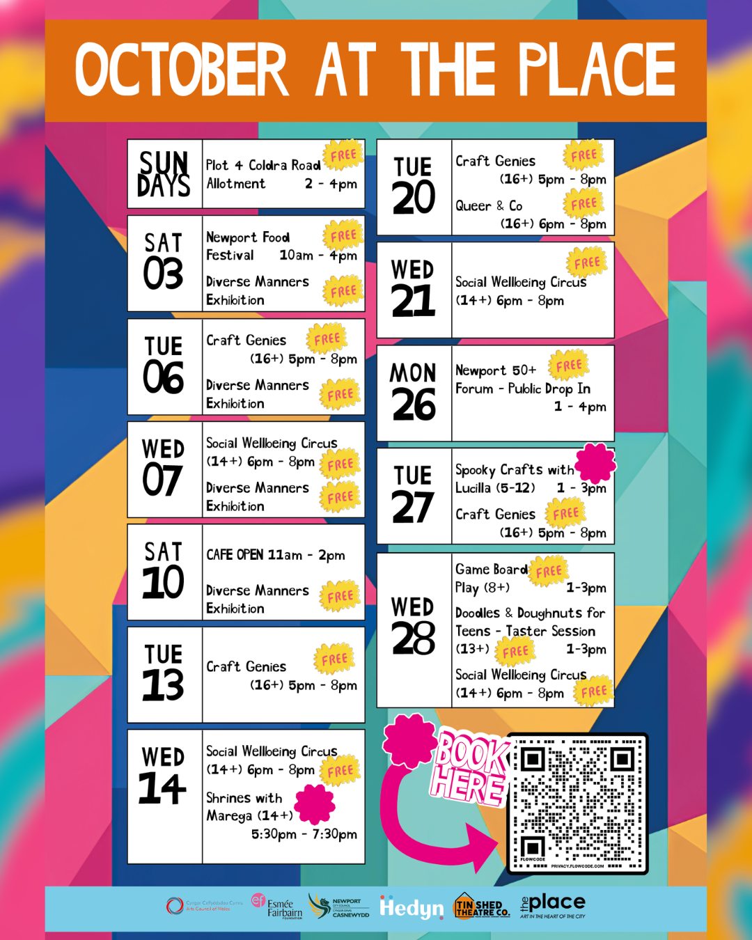 OCTOBER AT THE PLACE 🍂
There’s plenty still to come this month!
Get creative, meet new people and make time for something a little different.
🧵 Craft Genies — Tuesdays, 5–8pm
🎪 Social Wellbeing Circus — Wednesdays, 6–8pm
🌱 Plot 4 — Sundays, 2–4pm at Coldra Road Allotments
🏳️🌈 Queer & Co — 20 October, 6–8pm
Plus…
🎨 Diverse Manners Exhibition — catch work by local artists during opening hours, until midday on 10 October.
✨ Shrines with Marega — create your own personal shrine. 14 October, 5:30–7:30pm. £5, booking required.
☕ Newport 50+ Forum — conversation, information stalls and a free cuppa. 26 October, 1–4pm.
🎃 HALF-TERM WEEK OF WONDER
27 October — Spooky Crafts with Lucilla, 1–3pm. Ages 5–12, £5 per child.
28 October — Game Board Play, ages 8+, and a FREE Doodles & Doughnuts taster for teens aged 13–16. Both 1–3pm!
Save the dates, tag a friend and come spend some time at The Place 💛
#ThePlaceNewport #WhatsOnNewport #Newport #HalfTermFun