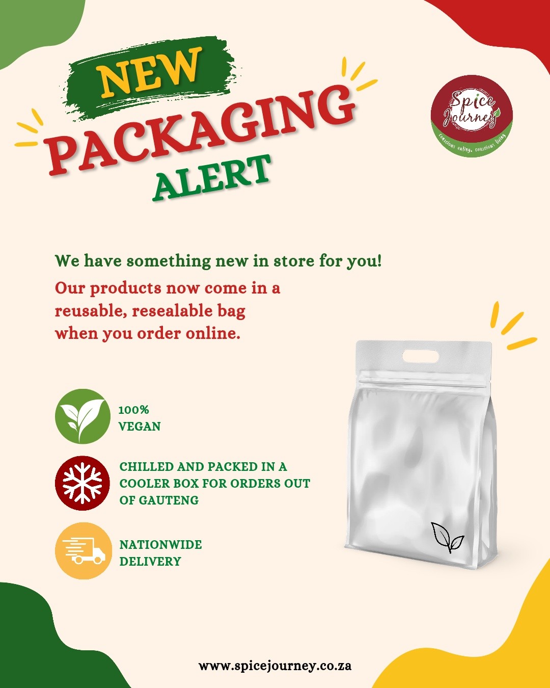 ✨ NEW PACKAGING ALERT! ✨
We’ve made a little upgrade!
Our products now arrive in reusable, resealable bags when you order online, keeping your goodies fresh while giving the packaging a second life. ✨️
🌱 100% Vegan
❄️ Chilled & packed in a cooler box for orders outside Gauteng
🚚 Nationwide delivery
Gauteng orders:
Collection available in Fourways
Delivery option available
Or send your own courier
Shop all your favourites at
www.spicejourney.co.za 🌶️
#spicejourneysa #seitan #veganfood #consciouseating #plantbased