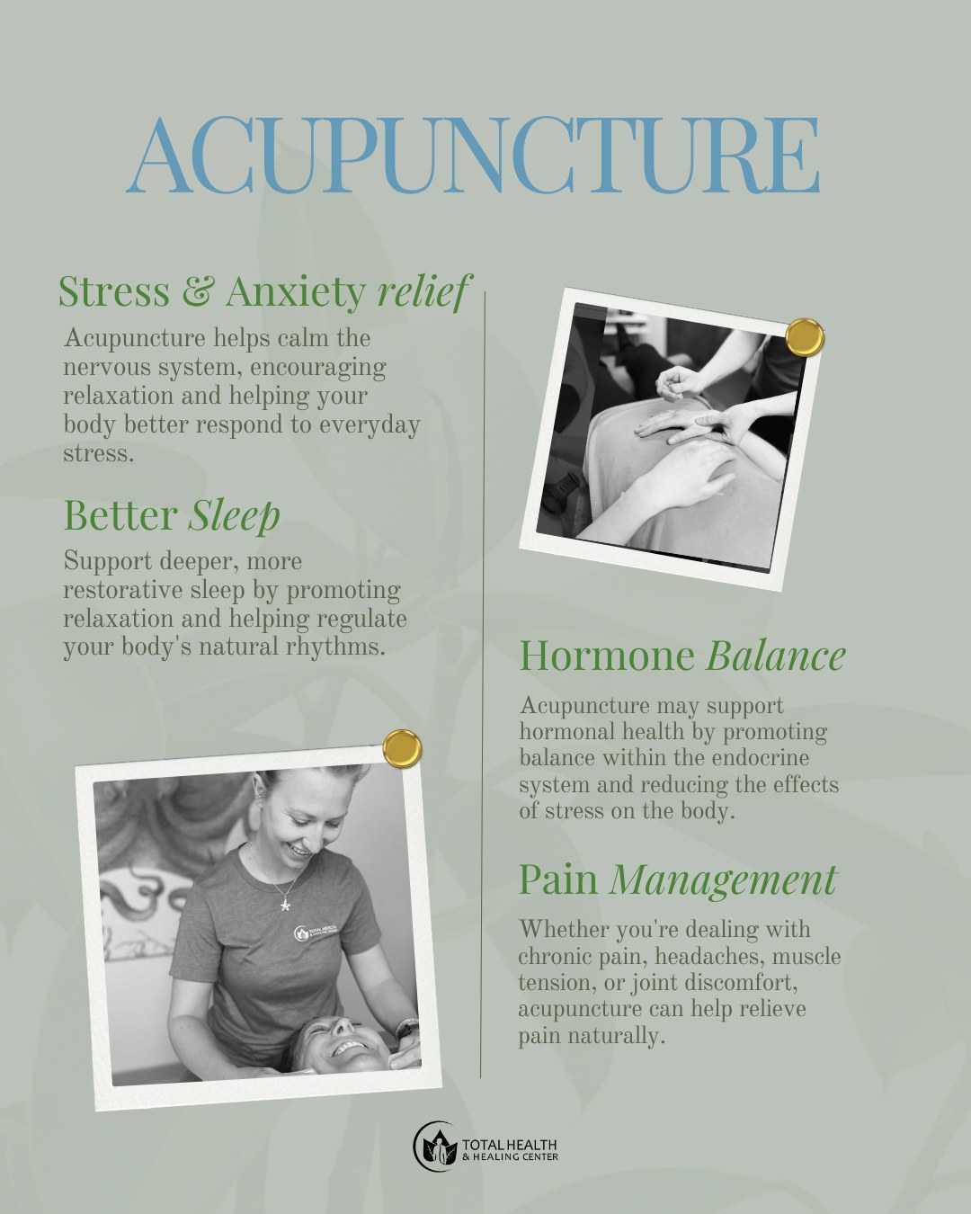 Acupuncture can be a gentle addition to your wellness routine, with potential benefits for stress and anxiety, sleep, pain management, and overall well-being.
Each session is individualized to you, your body, and what you’re currently experiencing. Whether you’re looking for support with everyday stress or ongoing discomfort, our team is here to help you find the care that fits your needs. 🤍
Schedule an acupuncture appointment with us today!
Call us (763- 754 - 1482)
Or Book online: www.totalhealthandhealingcenter.com