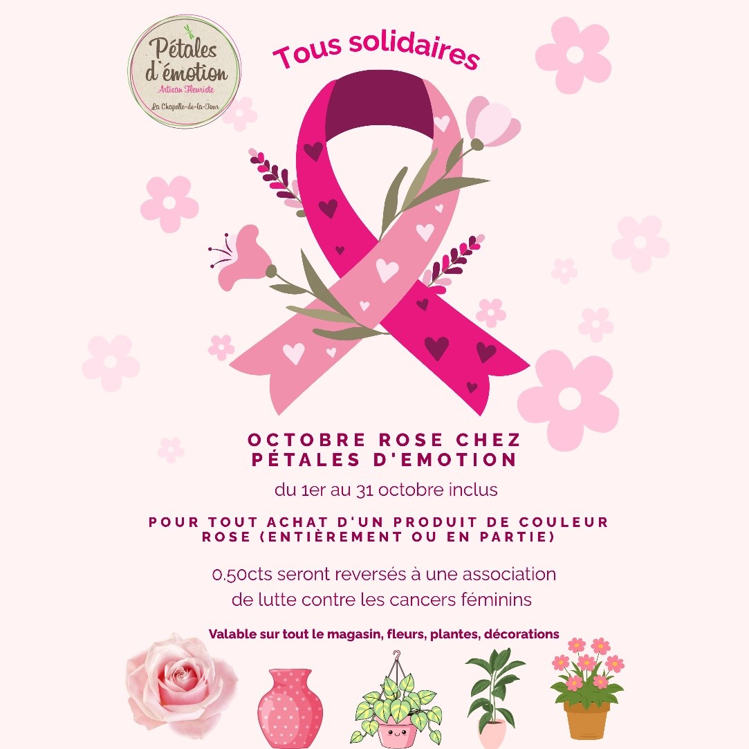 OCTOBRE ROSE CHEZ PÉTALES D’ÉMOTION 🎀
Parce qu’à notre échelle, nous pouvons tous faire un petit geste… Cette année encore, Pétales d’émotion se mobilise pour Octobre Rose. 🌸
Du 1er au 31 octobre, pour tout achat d’un produit comportant du rose, qu’il s’agisse de fleurs, plantes ou décorations, 0,50 € seront reversés à une association engagée dans la lutte contre les cancers féminins.
Et parce que créer ensemble, c’est aussi une jolie façon de soutenir cette cause, je vous propose deux ateliers floraux solidaires, les vendredis 9 et 16 octobre de 19h10 à 20h30.
🌷 Tarif : 40 €, dont 5 € reversés à l’association.
Un moment de création, de partage et de convivialité autour des fleurs, tout en participant à une cause qui nous concerne toutes et tous.
Ensemble, faisons fleurir la solidarité.
N’hésitez pas à partager cette publication pour donner encore plus de visibilité à Octobre Rose.
#OctobreRose #PetalesDEmotion #TousSolidaires #Fleuriste #LaChapelleDeLaTour #AtelierFloral #Solidarité #CancerDuSein