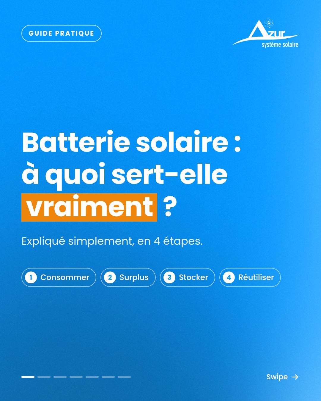 Votre maison consomme aussi le soir, quand vos panneaux ne produisent plus 🌙
C'est là qu'une batterie solaire change la donne.
En 4 étapes 👇
☀️ 12h : vos panneaux produisent et votre maison se sert en premier. Vos appareils utilisent cette électricité en direct.
⚡ 14h : vous produisez plus que vous ne consommez. Sans batterie, ce surplus repart sur le réseau.
🔋 15h : avec une batterie, ce surplus est stocké chez vous au lieu de partir.
🌙 20h : le soleil est couché, la maison puise dans la batterie plutôt que dans le réseau.
Journée : je produis. Soirée : je réutilise ✅
🏡 Une batterie, est-ce utile chez vous ? Tout dépend de votre consommation du soir, de votre production et de votre installation, neuve ou existante. On analyse tout ça avec vous lors d'une étude personnalisée.
👉 Demandez votre étude : lien en bio
📌 Enregistrez ce post pour le retrouver
📍 Azur Système Solaire, depuis 2008 dans les Alpes-Maritimes, l'Est-Var et à Monaco.
#batteriesolaire #autoconsommation #panneauxsolaires #photovoltaique #energiesolaire #alpesmaritimes #var #cotedazur #monaco