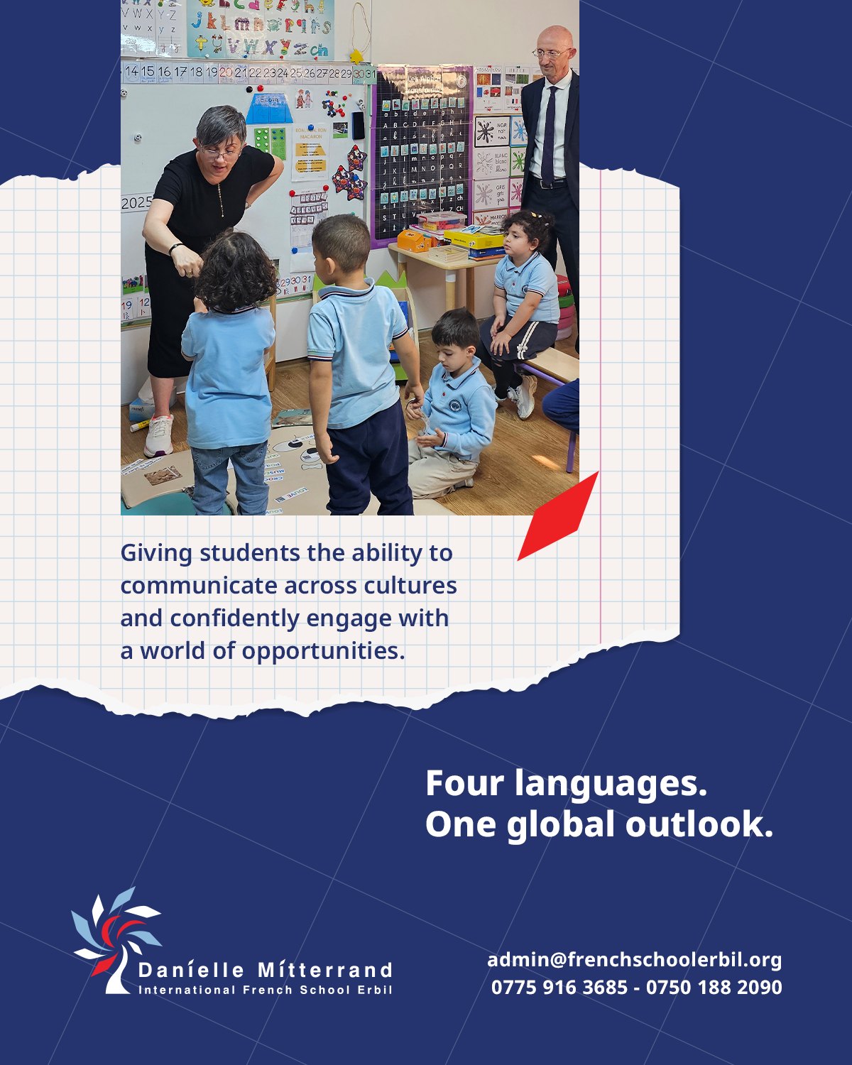 Four languages open more than doors. They open minds.
By learning to communicate across languages and cultures, our students gain a broader perspective, a deeper understanding of the world, and the confidence to find their place in it.
-
Quatre langues, bien plus qu’un apprentissage. Une ouverture sur le monde.
Nos élèves développent leur aisance linguistique, découvrent différentes cultures et élargissent leur regard sur le monde, tout en construisant les bases pour évoluer avec confiance dans des environnements internationaux.
-
أربع لغات، أكثر من مجرد تعلّم. إنها نافذة على العالم.
يطوّر طلابنا مهاراتهم اللغوية، ويكتشفون ثقافات مختلفة، ويوسّعون نظرتهم إلى العالم، بينما يبنون أساسًا متينًا يساعدهم على التطور بثقة في بيئات دولية.
-
چوار زمان، زیاتر لە تەنها فێربوونێک. کرانەوەیەک بەرووی جیهاندا
قوتابیەکانمان تواناکانی زمانەوانی خۆیان پەرە پێدەدەن، ئاشنای کەلتوورە جیاوازەکان دەبن و دیدگای خۆیان بۆ جیهان فراوانتر دەکەن، لە هەمان کاتدا بنەمایەکی بەهێز دروست دەکەن کە یارمەتییان دەدات بە دڵنیایی لە ژینگە نێودەوڵەتییەکاندا گەشە بکەن
Their future starts with a choice. Choose DMI.
Reach us at: 0775 916 3685 - 0750 188 2090
#GlobalEducation #InternationalEducation #DMI