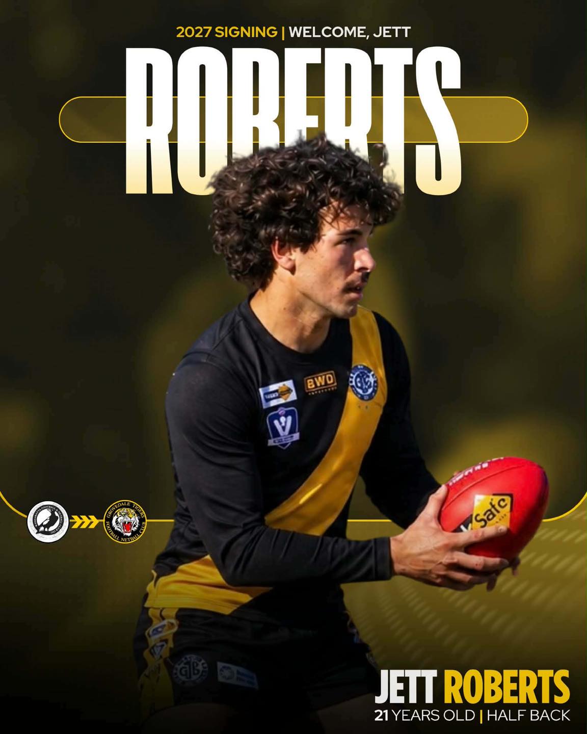 🚨 2027 SIGNING ALERT 🚨
Welcome to the Grovedale Tigers, Jett Roberts!
At just 21, Jett joins us from the Wangaratta Magpies, with two Ovens & Murray grand finals already on his résumé. He's also taken out a best and fairest at Moyhu in the Ovens & King FL.
A running half back with sharp decision making and clean ball use, he brings big-game experience and a hunger to keep getting better.
Welcome to the club, Jett. We can't wait to see you in the yellow and black in 2027!
#season2027 #grovedaletigers