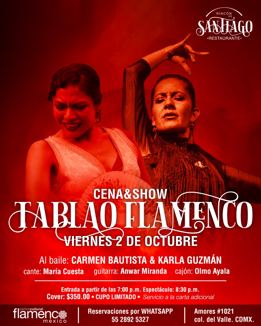 ❤️🔥 EL HOGAR DEL FLAMENCO EN MÉXICO❤️🔥
Un rincón de Andalucía en la CDMX.
Este fin de semana tenemos tres tablaos flamencos para vivir de cerca el baile, el cante y la guitarra:
💃🏻 Viernes 2 de octubre — 8:30 pm
💃🏻 Sábado 3 de octubre — 4:00 pm
💃🏻 Domingo 4 de octubre — 4:00 pm
🎟️ **Cover: $350 por persona**
Un fin de semana lleno de arte, buena mesa y **flamenco puro**. 🥘🍷💃🏻
🥘 Alimentos y bebidas con servicio a la carta.
📝 **Es necesario reservar. Los lugares son limitados y suelen agotarse**, así que te recomendamos asegurar tu mesa con anticipación.
❤️🔥 No te lo puedes perder!
📍 Amores 1021, Col. Del Valle, CDMX
📲 55 2892 5327
--
#dondeircdmx #TablaoFlamenco #flamencocdmx #flamencomexico