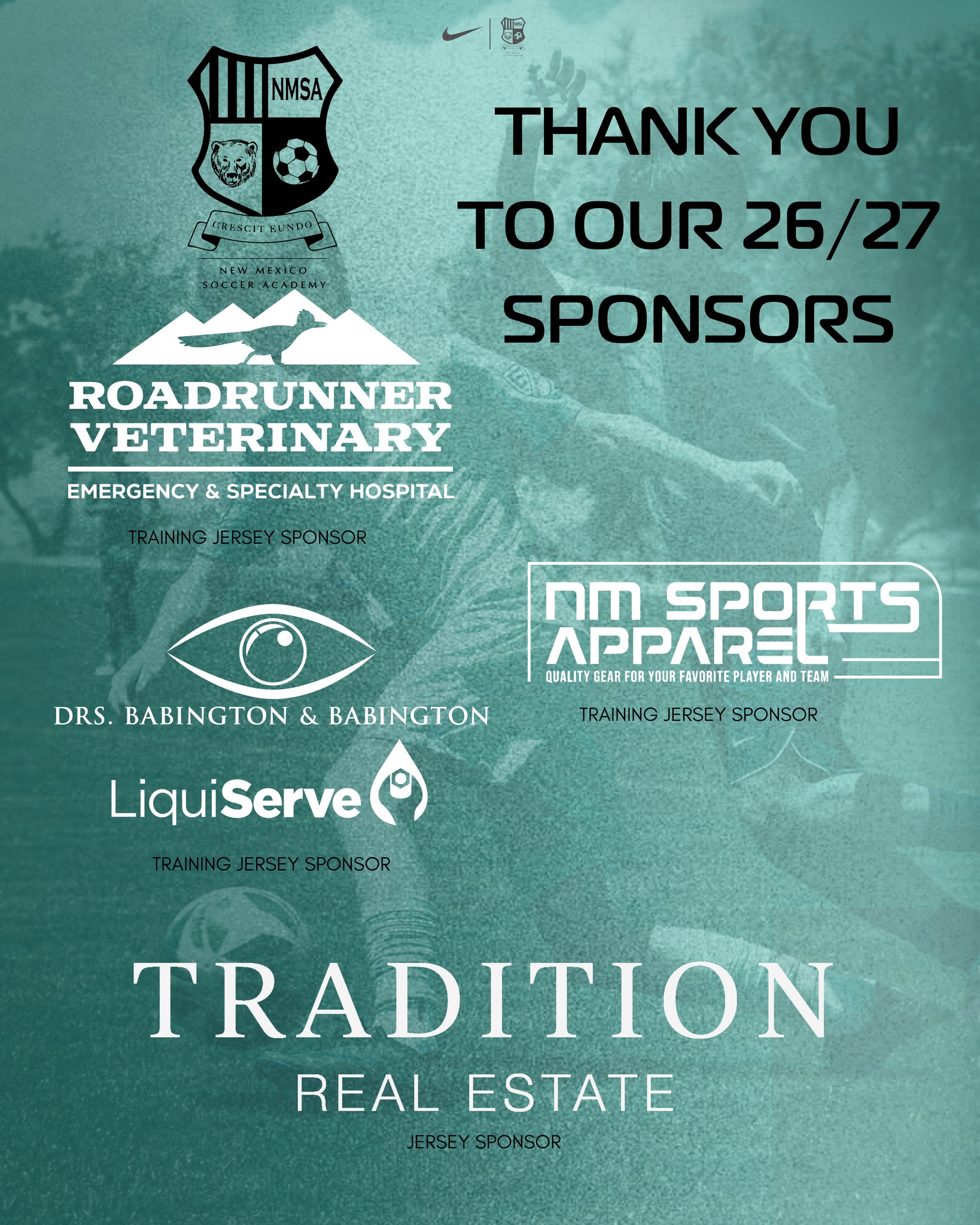 Today and every day, we celebrate our incredible 2026/2027 sponsors who empower hundreds of young hearts to chase their dreams and fall in love with the game! Your selfless contributions are the spark that ignites a lifelong passion. Thank you for being the change-makers! π
Shout out to Roadrunner Veterinary Emergency & Specialty Hospital, Drs. Babington & Babington, LiquiServe, NM Sports Apparel, and Traditions Real Estate for being this seasons sponsors!!
#sponsorship #youthsoccer