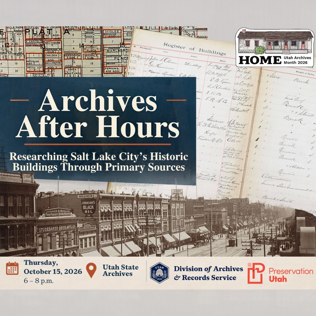 5 SEATS LEFT! It's Utah Archives Month 🎉To celebrate, the Utah State Archives is partnering with Preservation Utah for a special event: an after-hours evening exploring Salt Lake City’s history through primary sources, a special tour of the Archives, professional archivist training, and hands-on experience researching historic records.
Archivist Alan Barnett will introduce participants to researching historic buildings, the history of Salt Lake City’s changing streets and addresses, Building Permit Registers, and demonstrate how archivists use and index such primary source records.
Participants will then receive training on how to transcribe and index these Salt Lake City Building Permits for years 1889–1897, helping to make these historic records more accessible to researchers.
📆 When: Thursday, October 15th | 6:00-8:00 p.m.
📍 Where: Utah State Archives | 346 S Rio Grande St, Salt Lake City, UT 84101
🎫 Cost: Free!
Register via our bio link or on our website.
See you there!