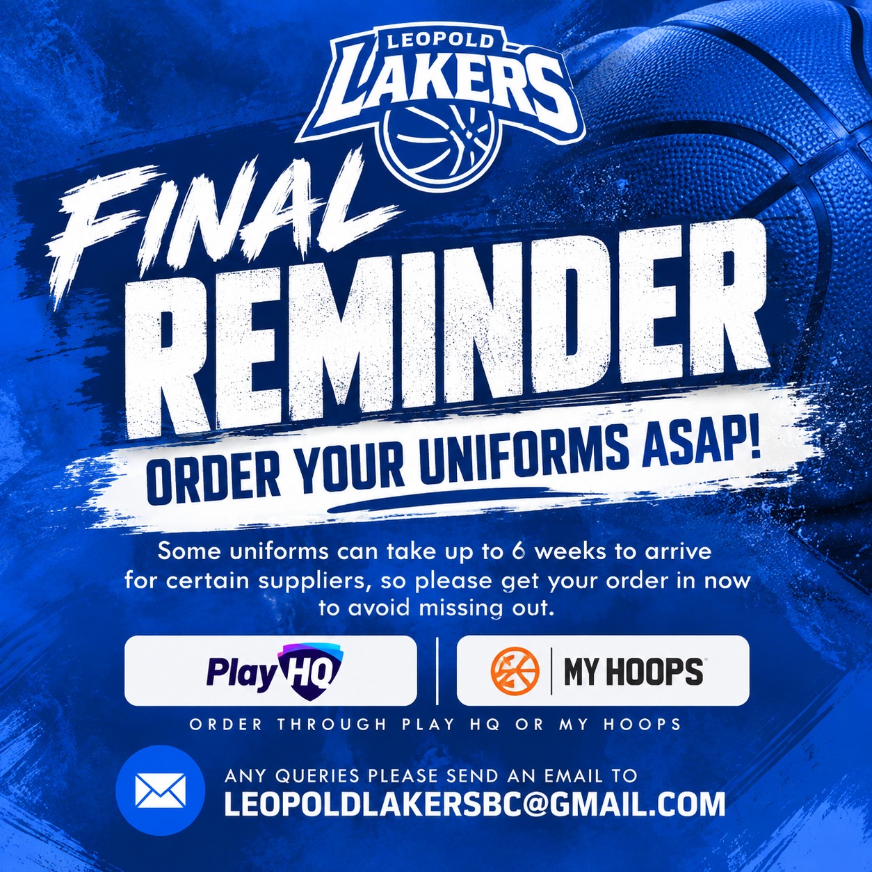 🏀 FINAL UNIFORM ORDER REMINDER! 🔵⚪️
If you still need to order your Leopold Lakers uniforms, please get your order in ASAP!
⏰ IMPORTANT: Some uniform items can take up to 6 weeks to arrive from certain suppliers, so please don’t leave your order until the last minute.
🏀 OPTION 1: VIA THE MYHOOPS APP
Download the MyHoops App if you don't already have it, then search for and select Leopold Lakers Basketball Club to access the Uniform Shop.
📱 Download the MyHoops App:
MyHoops App
🔵 Access Leopold Lakers directly through the app:
Leopold Lakers – MyHoops
🏀 OPTION 2: ACCESS THE UNIFORM SHOP DIRECTLY
You can also access the Leopold Lakers Uniform Shop directly through PlayHQ:
Leopold Lakers Uniform Shop – PlayHQ
You may need to log in or create a PlayHQ account before placing your order.
🔢 PLAYER NUMBERS – PLEASE NOTE
Player number preferences closed on 9 August 2026.
As number preferences needed to be submitted by this date, any player who did not nominate a preferred number will have a number allocated based on available stock and number availability within their team.
While we will always do our best to accommodate preferences where possible, we cannot guarantee a specific number.
📧 Have a question?
Please email leopoldlakersbc@gmail.com
🔵⚪️ Please get your uniform order in as soon as possible to avoid delays!
#LeopoldLakers #LakersBasketball #Uniforms #BasketballVictoria #MyHoops #PlayHQ