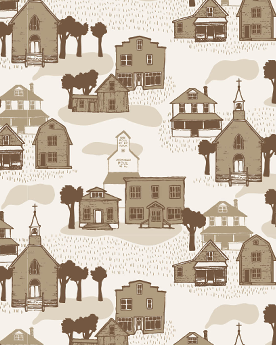 I reworked my Small Town pattern into a modern interpretation of a classic toile de Jouy design. The hand drawn clusters of buildings are inspired by the small town where I grew up and the sepia tones emphasize the nostalgic element. I also just wanted to make something neural since most of the patterns I've made are quite colourful.
I love this one printed across a large piece of fabric, like for a quilt back, but I also think it would be a fun wallpaper option in a powder room.