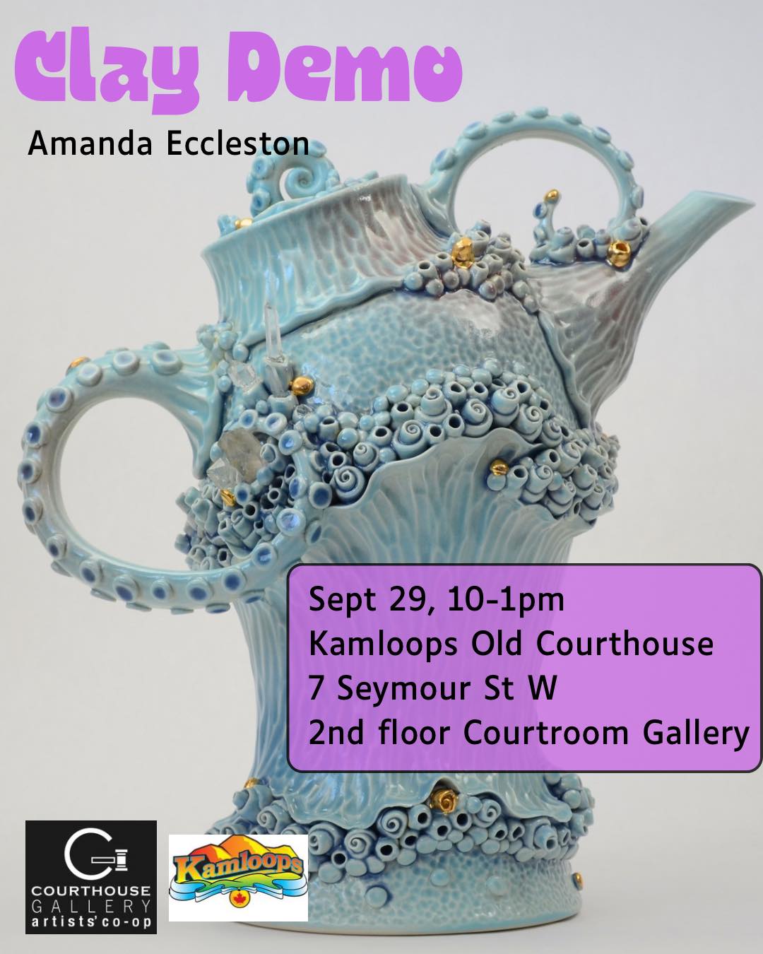 Clay Demo announcement! Our gallery member, Amanda Eccleston will be demonstrating the technique of adding texture to clay pots as part of Kamloops Culture Days. No registration necessary, the demo is open to all who would like to view Amanda’s process.
Tuesday Sept 29, 10-1pm
Kamloops Old Courthouse
7 Seymour St W
2nd floor Courtroom Gallery