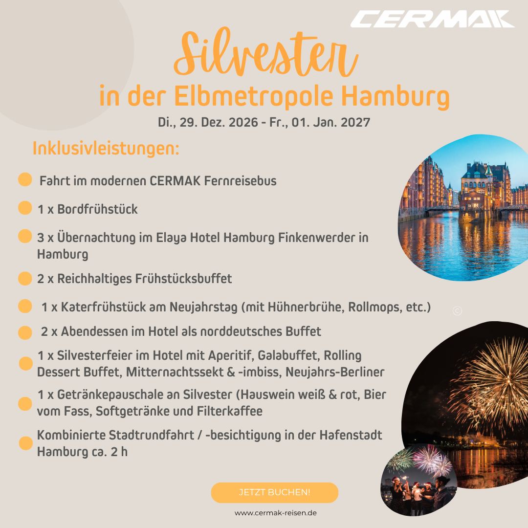 ✨🎆 **Silvester in Hamburg – starte mit uns ins neue Jahr!** 🥂⚓
Du möchtest den Jahreswechsel dieses Mal ganz besonders verbringen? Dann komm mit uns in die **Elbmetropole Hamburg** und erlebe vier abwechslungsreiche Tage voller maritimem Flair, Genuss und Silvesterstimmung! 🌃✨
Freu Dich unter anderem auf:
🚌 bequeme An- und Abreise im modernen CERMAK-Fernreisebus
🏨 3 Übernachtungen im Elaya Hotel Hamburg Finkenwerder
🍽️ norddeutsche Buffets & reichhaltiges Frühstück
⚓ eine Stadtrundfahrt durch Hamburg
🎉 eine festliche Silvesterfeier mit Aperitif & Galabuffet
🥂 Mitternachtssekt, Mitternachtsimbiss & Neujahrs-Berliner
🍷 Getränkepauschale am Silvesterabend
☕ und ein echtes Hamburger Katerfrühstück am Neujahrsmorgen
Natürlich bleibt Dir auch Zeit, Hamburg auf eigene Faust zu entdecken – von der Speicherstadt über die Landungsbrücken bis zur Binnenalster. ❤️
🎇 **Mach Deinen Jahreswechsel zu einem besonderen Erlebnis und feiere Silvester mit uns in Hamburg!**
👉 Jetzt informieren & Deinen Platz sichern:
https://reisen.cermak-reisen.de/reisen/detail/2635903-silvester-in-der-elbmetropole-hamburg
#CermakReisen #SilvesterInHamburg #Hamburg #Silvesterreise #
