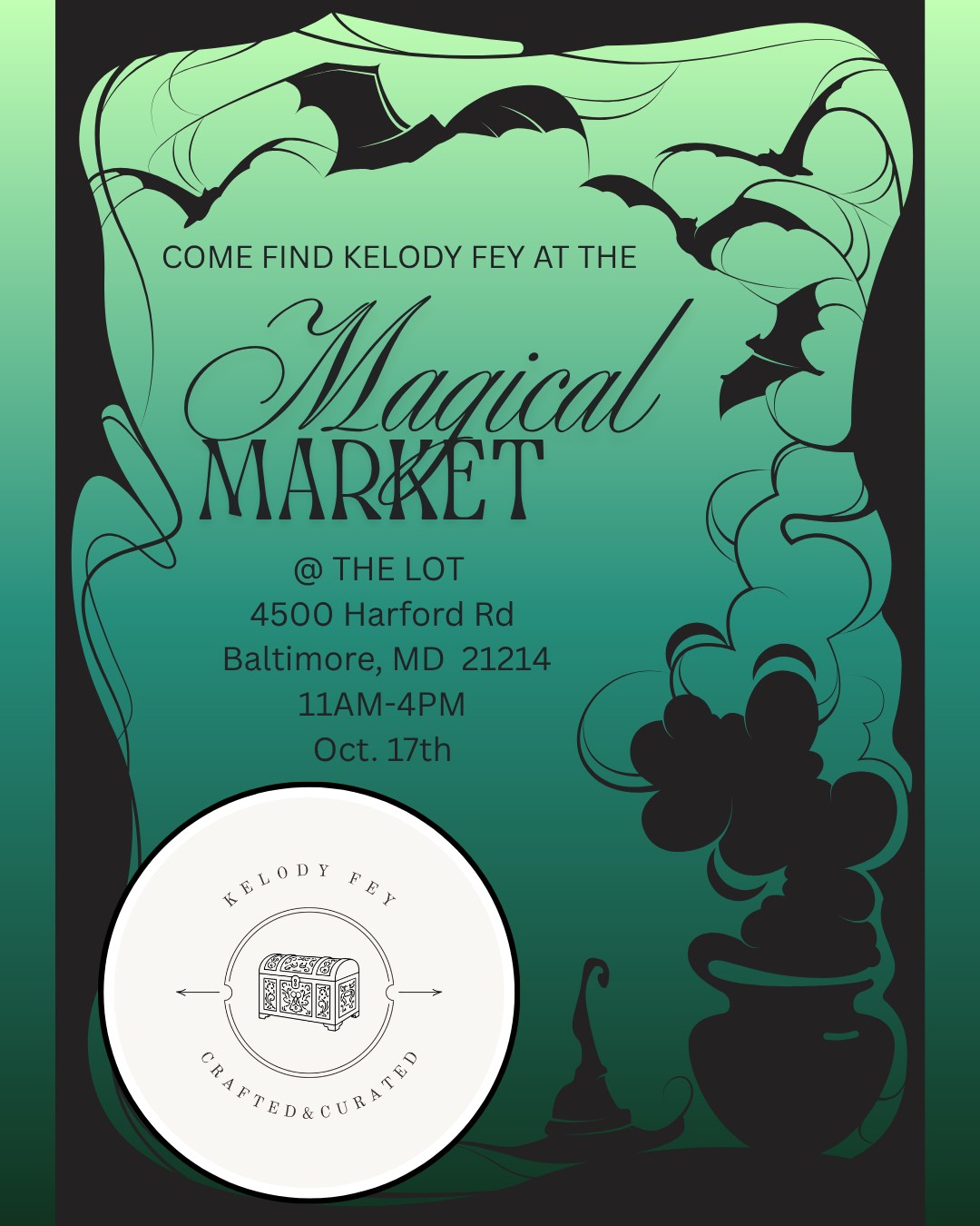 Kelody Fey will be selling witchy wares at the Magical Market Oct 17th at The Lot @ 4500 Harford Rd 21214. 11am to 4 pm. Come by and stay for a spell! I know there are going to be other mystifying vendors to check out! #smallbusinessbaltimore #secondhandshopping #witchy