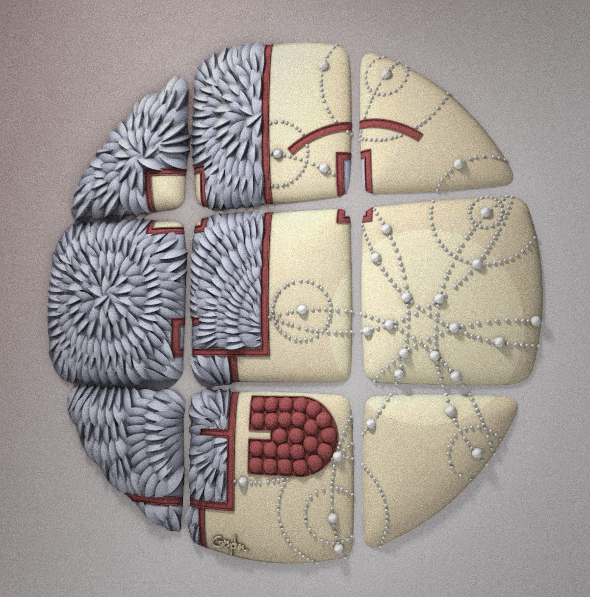 This design is an attempt to translate the previously posted project into a more modest composition of 36 x 36 inches. In both designs, the guiding concept is based on a visual puzzle that alternates between two embracing faces that can also be seen as a single face with two halves. They are stylized in a simple abstract manner, akin to Art Deco sensibilities, in an attempt to lead to a more archetypal interpretation of the characters. They could be contrasting and complimentary energies and forces representing qualities such as the rational and the passionate, hard and soft, clarity and ambiguity, or perhaps mythological symbols and ideals. The client was specifically interested in connecting the commission to the concept of masquerade. In this case, masquerade is interpreted as a sort of role playing folly that allows for the observer to view themselves and be viewed by others in a different light. While there are many interpretations of the masquerade experience, the simple pleasure of a fleeting transmutation into another identity is compelling.
#sculpture #artwall #basrelief #tile #ceramics #artcollector #multidimensionaldrawing #chrisgryder