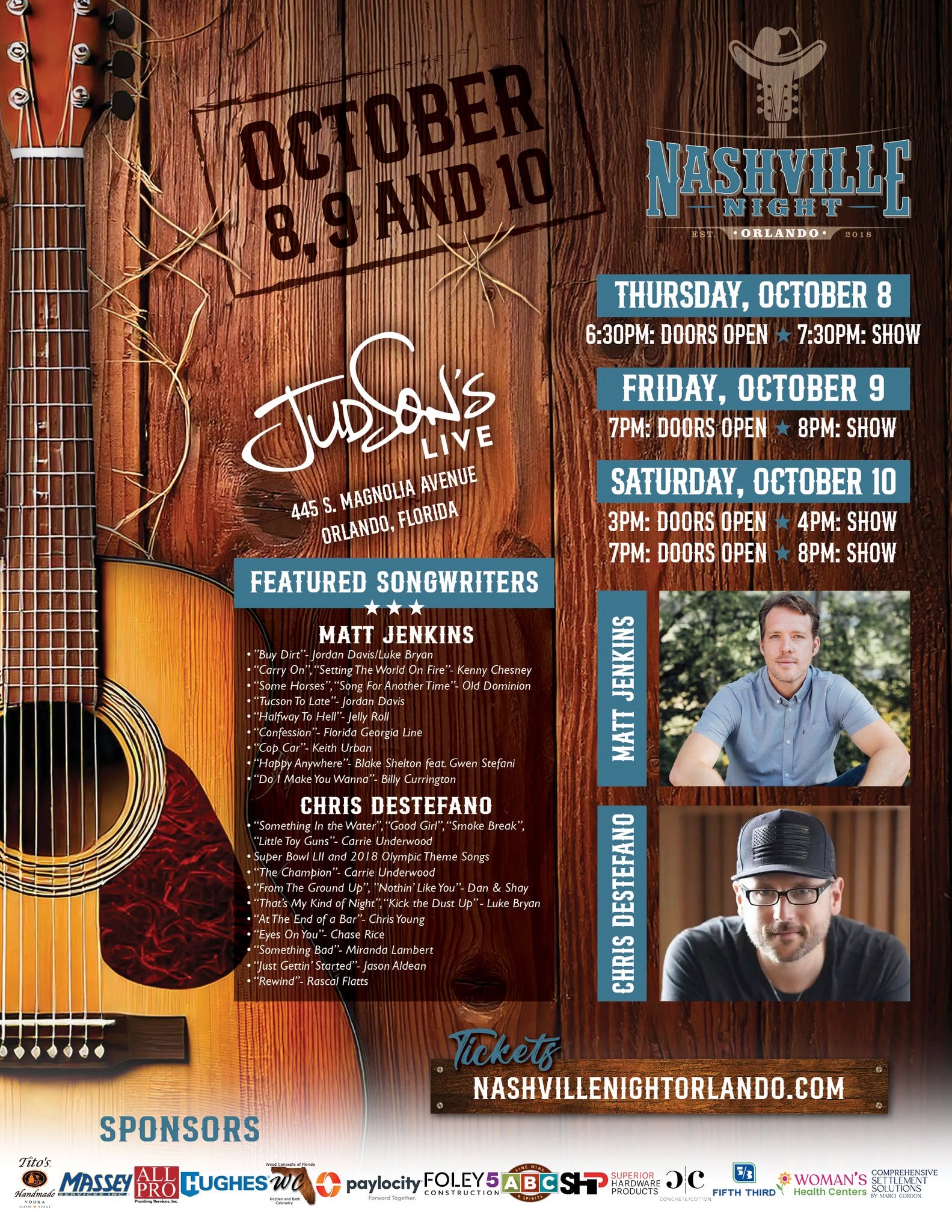 It’s hard to believe that next week marks the final weekend of our 2026 Nashville Night In Orlando songwriter series… and what a way to finish! We can’t wait to welcome back two of Nashville’s very best in @chrisdestefano and @mattjenkins , for what promises to be an incredible weekend of shows at @judsonslive !
To our Orlando community, THANK YOU! Your support throughout this entire year has been absolutely incredible. More importantly, the respect and appreciation you continue to show Nashville’s best songwriters is what makes these nights so special. Nashville knows about this audience and that’s something we should all be proud of.
We’re in for a special weekend. Let’s finish the year the way we started it, an elite audience welcoming elite talent.
See y’all next week! 🎶
