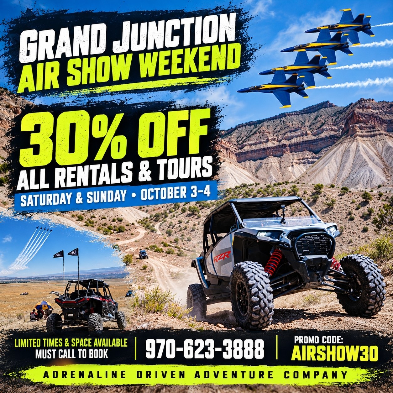 ✈️ Thrills in the sky, Adrenaline on the trails! 🤘
Make your Grand Junction Air Show weekend even more epic with 30% OFF UTV Rentals & Tours right here at Adrenaline Driven Adventure Company!
🏜️ Take the wheel on a UTV rental or join a Guided Tour to explore Western Colorado’s incredible desert trails. Grab your family or friends and make a weekend of it!
📅 This Saturday & Sunday ONLY • October 3–4
🎟️ Promo code: AIRSHOW30
📞 Must call to book: 970-623-3888
Limited time slots and space available—call now to reserve your adventure!
#visitgj #GrandJunctionAirShow #UTVRentals #UTVTours #grandjunctionco