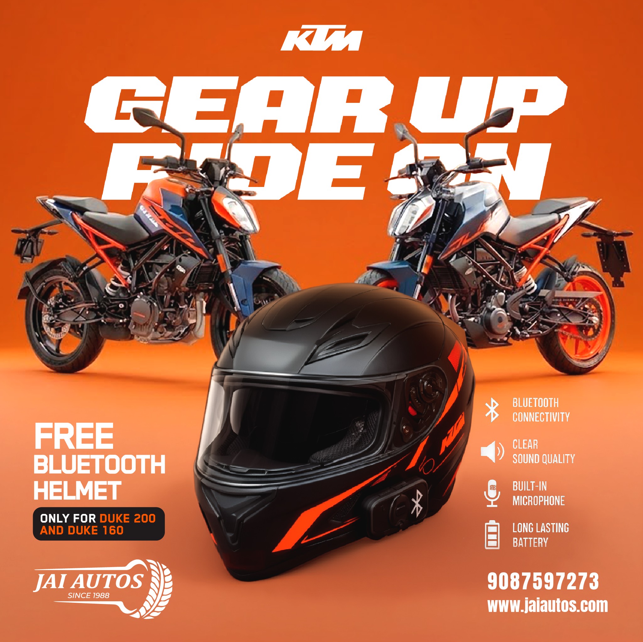 GEAR UP. RIDE ON. 🎧🏍️
Buy the KTM Duke 200 or Duke 160 and get a complimentary Bluetooth Helmet, stay connected, stay protected, on every ride.
⏳ Offer valid for a limited period only.
#KTMDuke200 #KTMDuke160 #GearUpRideOn #ReadyToRace #KTMIndia