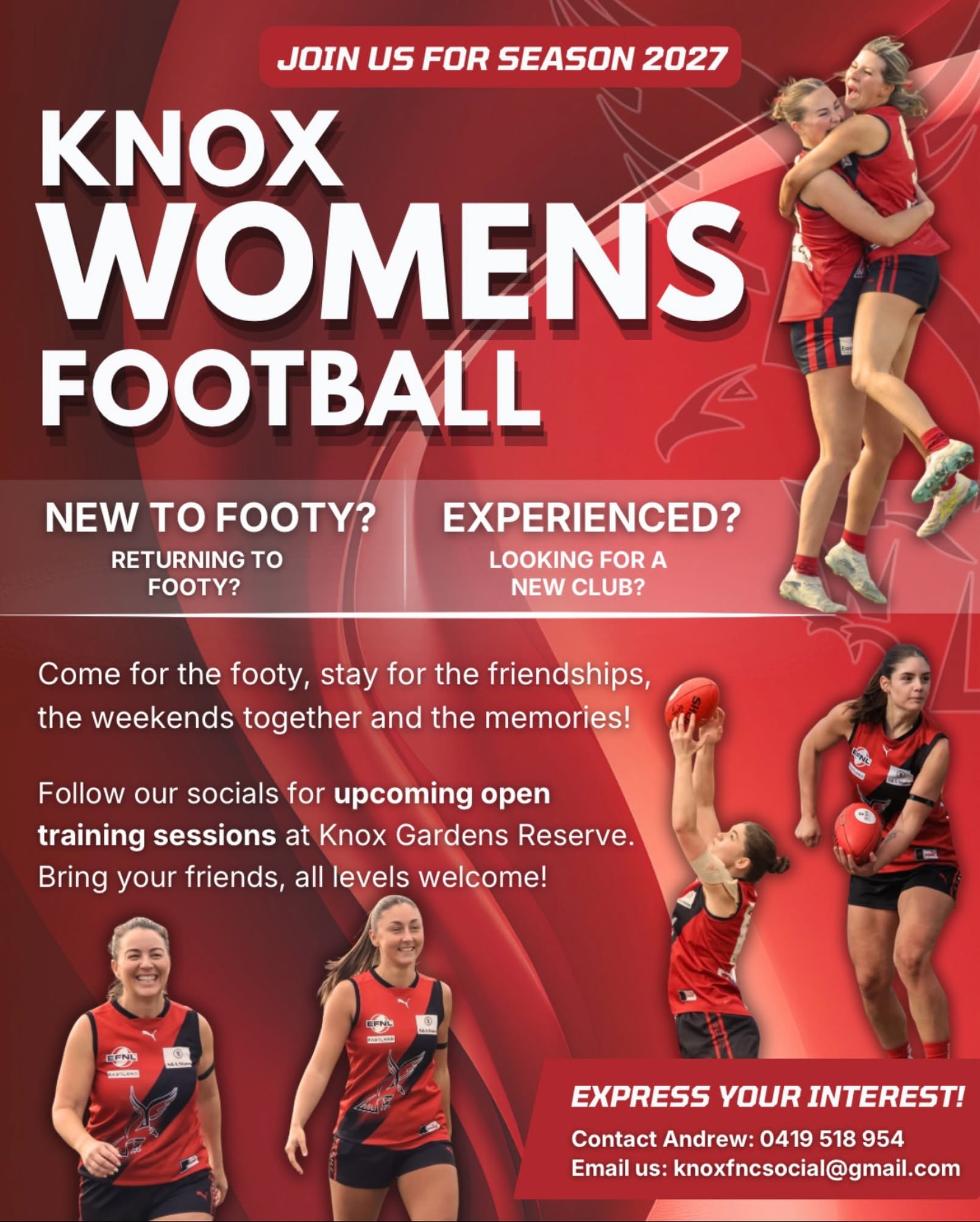 PLAYERS WANTED
The @knox_falcons is seeking new players as they aim to field two Senior Women’s teams in 2027.
Open training dates coming soon. All experiences welcome.
Express your interest:
📩 knoxfncsocial@gmail.com
📞 Andrew: 0419 518 954