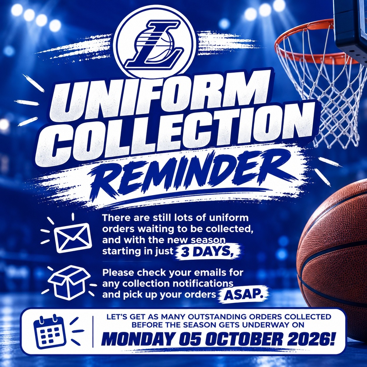 🏀 UNIFORM COLLECTION REMINDER 🏀
There are still lots of uniform orders waiting to be collected! 📦
With the Summer 26/27 Season starting in just 3 DAYS, please check your emails for your collection notification and make sure you pick up your order ASAP.
Let’s get as many outstanding orders collected before the season gets underway! 💙🤍
📅 Season starts Monday 5 October 2026
Thanks everyone! 🙌🏀
#LeopoldLakers #UniformCollection #SeasonStart #LeopoldLakersBasketball