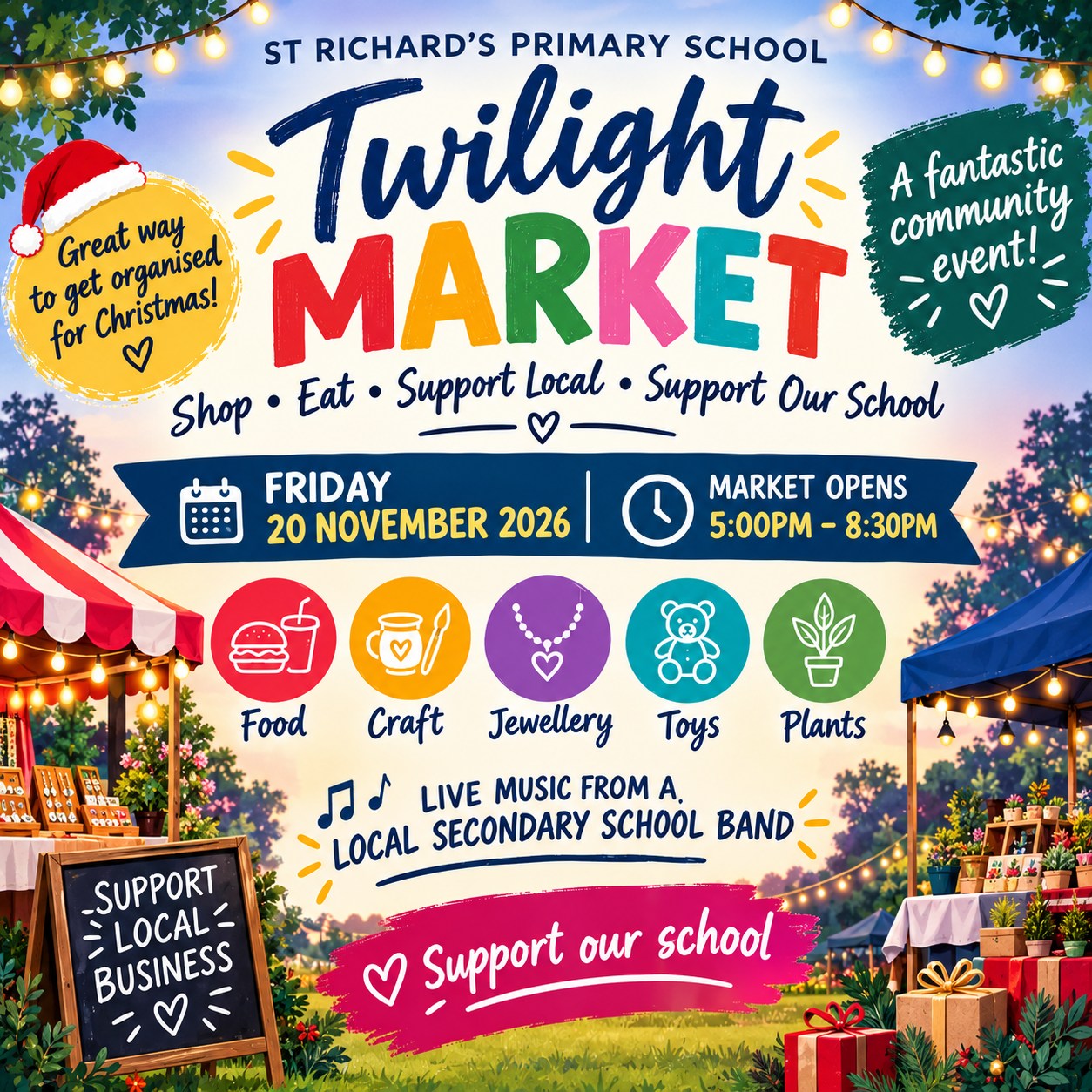 โจ Join us for a magical evening at our School Twilight Market! โจ
Bring your family, invite your friends, and come support our amazing school community. We canโt wait to see you there for a wonderful night! ๐โจ