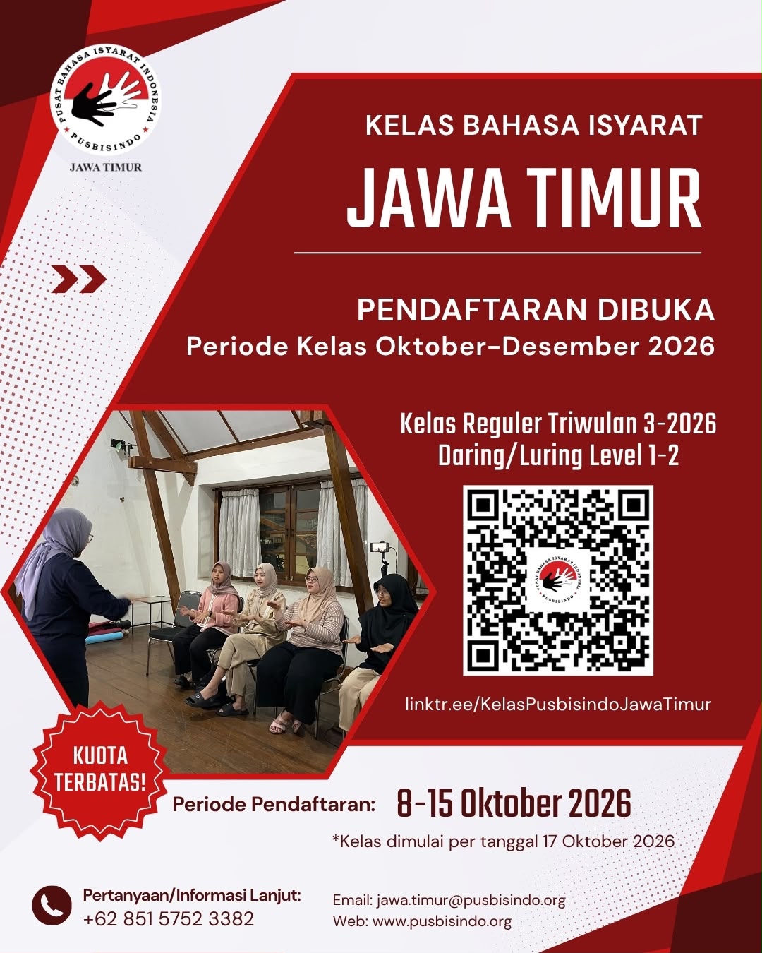 Haii, Sahabat Pusbisindo di Jawa Timur! β¨
Pendaftaran Kelas Bahasa Isyarat Reguler Triwulan 3-2026 Level 1 & 2 telah dibuka π
Belajar langsung bersama tutor Tuli dan rasakan pengalaman seru berkomunikasi dengan teman-teman Tuli. Bisa ikut luring maupun daring!
ποΈ Periode Pendaftaran: 8-15 Oktober 2026
β‘οΈKuota terbatas, jadi jangan sampai kehabisan ya!
Benefit Kelas:
βοΈ 10x pertemuan + 1x ujian
βοΈ Recording kelas
βοΈ Materi lengkap (PDF & video)
βοΈ Sertifikat resmi bernomor induk
π Pilihan jadwal & lokasi serta biaya bisa cek di slide berikutnya
Ready to start? Daftar sekarang lewat linktree di bio atau scan QR code di poster!
klik pendaftaran di sini:
http://linktr.ee/KelasPusbisindoJawaTimur
Untuk info lebih lanjut hubungi: Mindo Jatim (0851-5752-3382)
Sampai ketemu di kelas Bisindo area Jawa Timur! π«Άβ¨
#Pusbisindo #kelasbahasaisyarat #Bisindo #bahasaisyaratindonesia