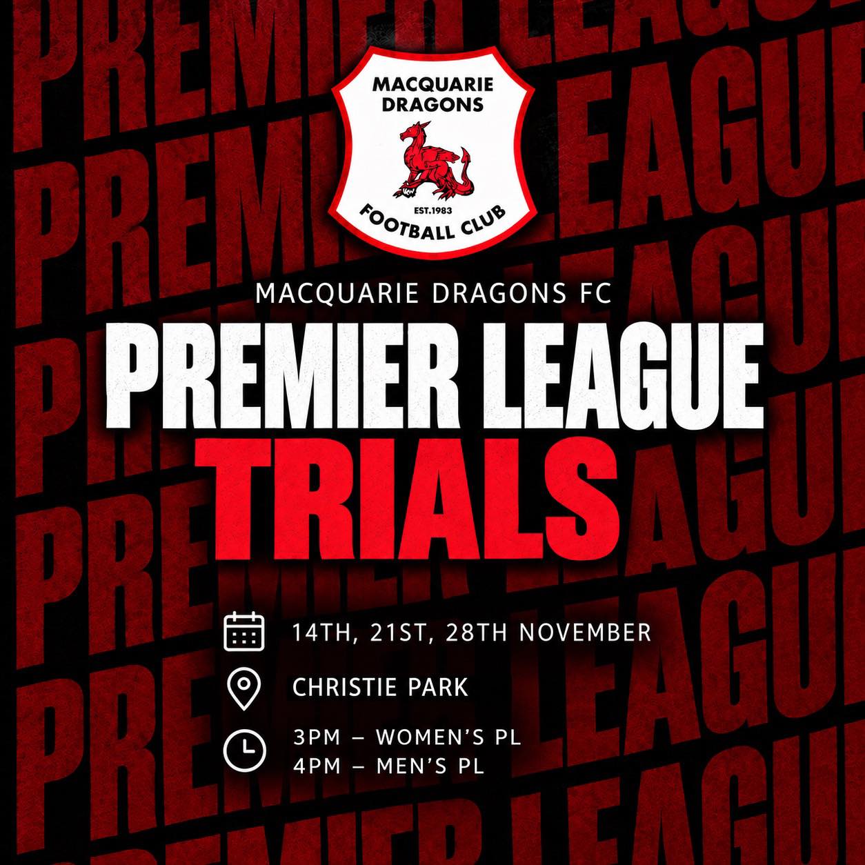 PREMIER LEAGUE TRIALS ⚽️
Looking to play Premier League in 2027? Come down and trial for the upcoming season!
📅 14th, 21st & 28th November
📍 Christie Park
3:00pm - Women’s Premier League
4:00pm - Men’s Premier League
Send your expression of interest to:
📧 premierleague@macquariedragons.com.au
📧 president@macquariedragons.com.au