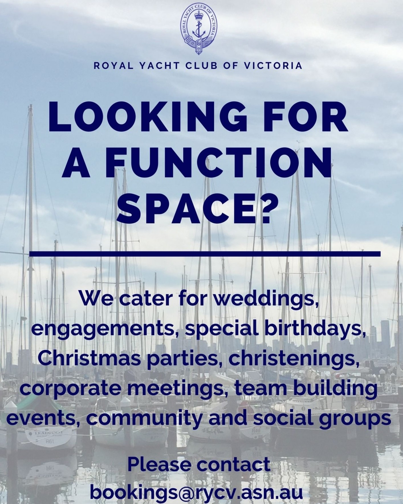 Looking for the perfect venue for your next special occasion?
Whether you’re planning a wedding, christening, birthday celebration, celebration of life or a special gathering with family and friends, Royals offers a beautiful waterfront setting for moments worth celebrating.
With flexible packages designed to suit your budget, style and theme, we’ll help you create an occasion that feels just right.
🌊 Beautiful waterfront views
🥂 Flexible food and beverage packages
💙 A welcoming setting for life’s special moments
From intimate gatherings to larger celebrations, let us help bring your vision to life.
Get in touch with our team to discuss your ideas and explore our function packages.
RYCV – your waterfront venue for every occasion.
#RYCV #Williamstown #MelbourneFunctions #WaterfrontWeddings #rycvroyals #functions #parties #venues #venue