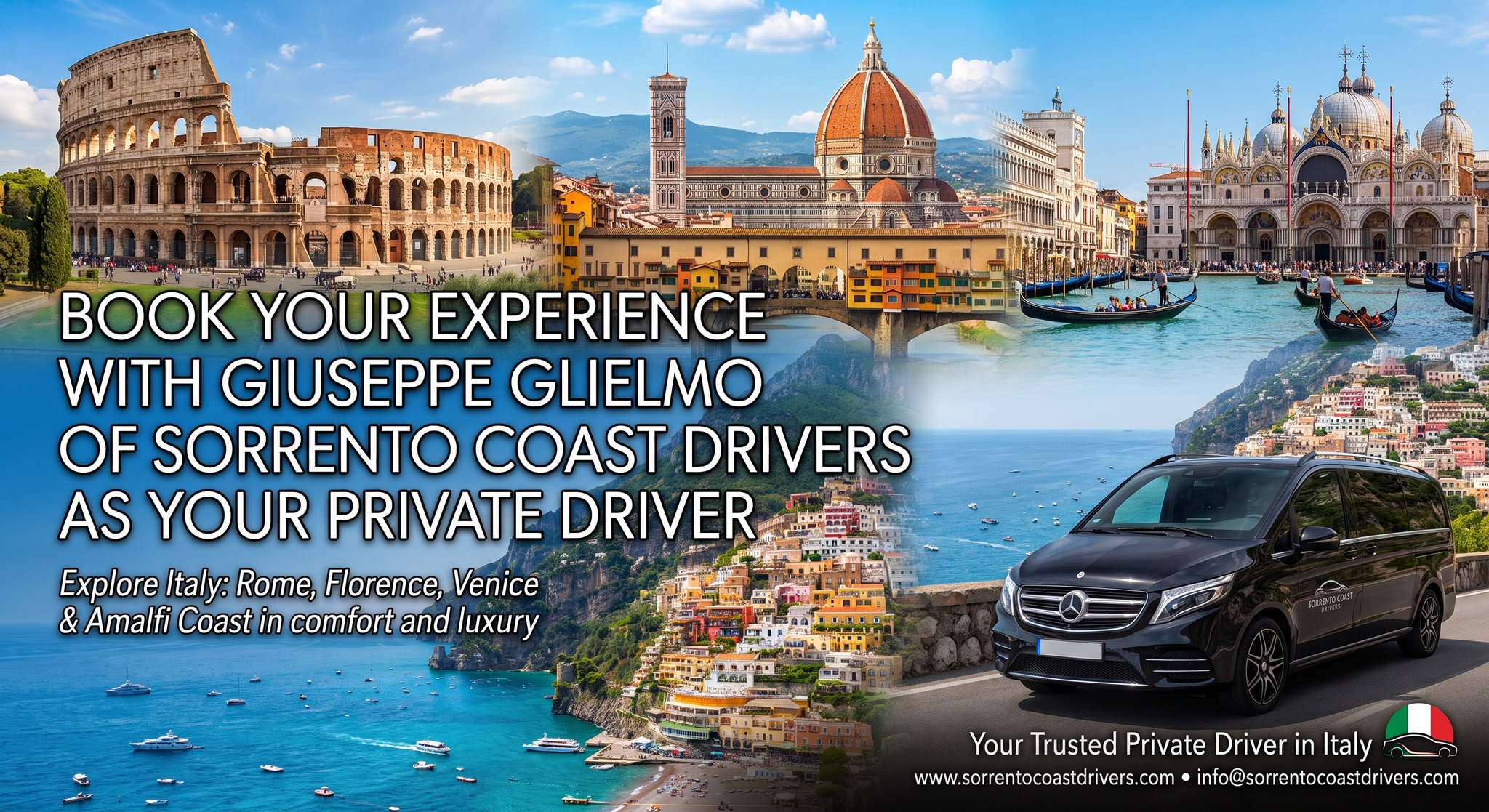 Ready to experience the real Italy beyond the tourist traps? โจ
Meet Giuseppe Glielmo, your personal driver and local insider dedicated to showing you the hidden gems, coastal vistas, and timeless charm of Italy.
Whether you're cruising along the dramatic cliffs of the Amalfi Coast, exploring secret spots in Campania, or embarking on a custom journey across Italy, Giuseppe turns every drive into an effortless, unforgettable experience.
Why travel with Giuseppe?
๐ Comfort & Style: Premium, stress-free transfers tailored entirely to your schedule.
๐ Local Secrets: Discover hidden viewpoints, authentic family-owned trattorias, and off-the-beaten-path locations.
๐บ๏ธ Tailored Itineraries: Private tours crafted around your personal travel bucket list.
Sit back, relax, and let the beauty of Italy unfold outside your window.
๐ Plan your custom Italian journey today!
๐ Visit www.sorrentocoastdrivers.com to reserve your private driver.