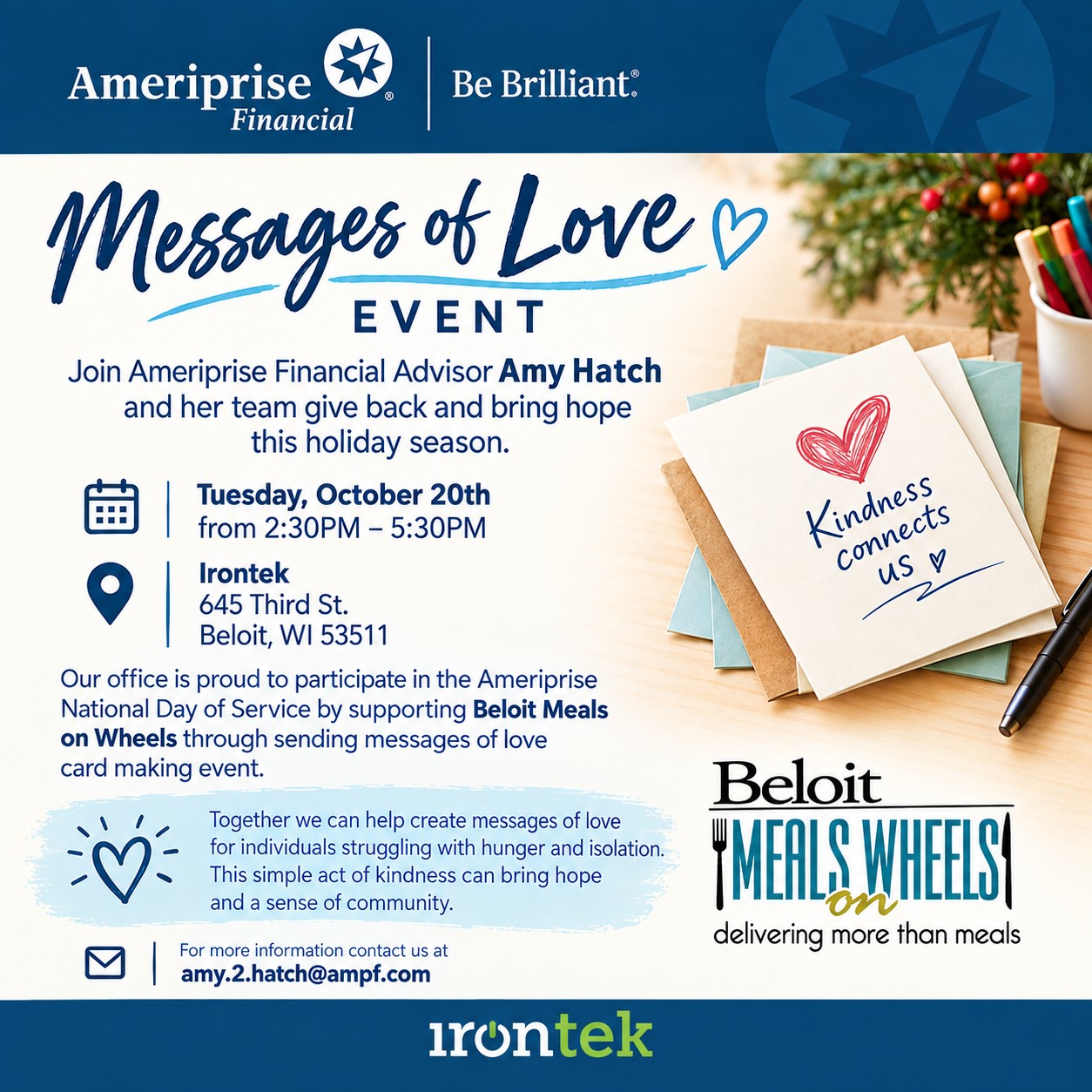 BELOIT | Join our member, Amy S Hatch, CRPC, and her team for an afternoon of service supporting the @beloitmealsonwheels organization. 💌
For more information contact Ameriprise at amy.2.hatch@ampf.com