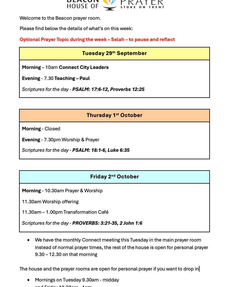 We had a wonderful time in the house last week. Here’s the plan for the week ahead. We’d love to see you.
Please note we will be closed on Thursday morning but open in the evening as usual.
God bless you ❤️🙏