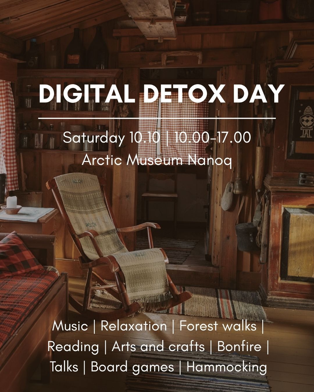 🌿DIGITAL DETOX DAY 🌿
Sve
Välkommen till Digital Detox Day på Nanoq – en dag för att lägga mobilen åt sidan och istället fylla tiden med natur, kreativitet, gemenskap och lugn.
Att vistas i naturen kan bidra till återhämtning, minska stress och ge hjärnan en paus från vardagens alla intryck. I kombination med en paus från den digitala världen får du möjlighet att vara mer närvarande i stunden, i naturen och tillsammans med andra.
Under dagen kan du bland annat:
Lyssna på musik
Koppla av i en hängmatta
Slå dig ner för en lässtund
Delta i diskussioner
Pyssla och måla
Gå en skogspromenad
Grilla och umgås kring lägerelden
På området finns också ett tyst område för dig som vill dra dig undan, slappna av och njuta av stillheten.
Dagen passar både vuxna och familjer – kom själv, tillsammans med en vän eller ta med hela familjen. Du väljer själv hur mycket eller lite du vill delta i.
Evenemanget är gratis! Vi önskar ändå att du anmäler dig så att vi vet hur många som kommer. Anmälan görs på vår hemsida www.nanoq.fi
_____________________________
Fin
Tervetuloa Digital Detox Day Nanoqille – päivään, jolloin voit laittaa puhelimen sivuun ja käyttää ajan luonnosta, luovuudesta, yhdessäolosta ja rauhasta nauttimiseen.
Luonnossa oleilu voi edistää palautumista, vähentää stressiä ja antaa aivoille tauon arjen kaikista ärsykkeistä. Kun tähän yhdistetään tauko digitaalisesta maailmasta, saat mahdollisuuden olla enemmän läsnä – hetkessä, luonnossa ja yhdessä muiden kanssa.
Päivän aikana voit muun muassa:
Kuunnella livemusiikkia sellolla
Rentoutua riippumatossa
Nauttia lukuhetkestä
Osallistua keskusteluihin
Askarrella ja maalata
Lähteä metsäkävelylle
Grillata ja viettää aikaa nuotion äärellä
Alueella on myös hiljainen alue, jossa voit vetäytyä hetkeksi, rentoutua ja nauttia rauhasta.
Päivä sopii sekä aikuisille että perheille – tule yksin, ystävän kanssa tai koko perheen voimin. Voit itse päättää, mihin toimintaan haluat osallistua ja kuinka paljon.
Tapahtuma on maksuton! Toivomme kuitenkin, että ilmoittaudut, jotta tiedämme, kuinka monta osallistujaa on tulossa. Voit ilmoittautua www.nanoq.fi