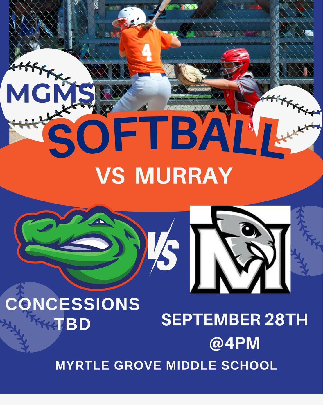 Softball Game on Monday at 4pm. Concessions tbd, based on Volunteers.
See you there, Gators πππ§‘!