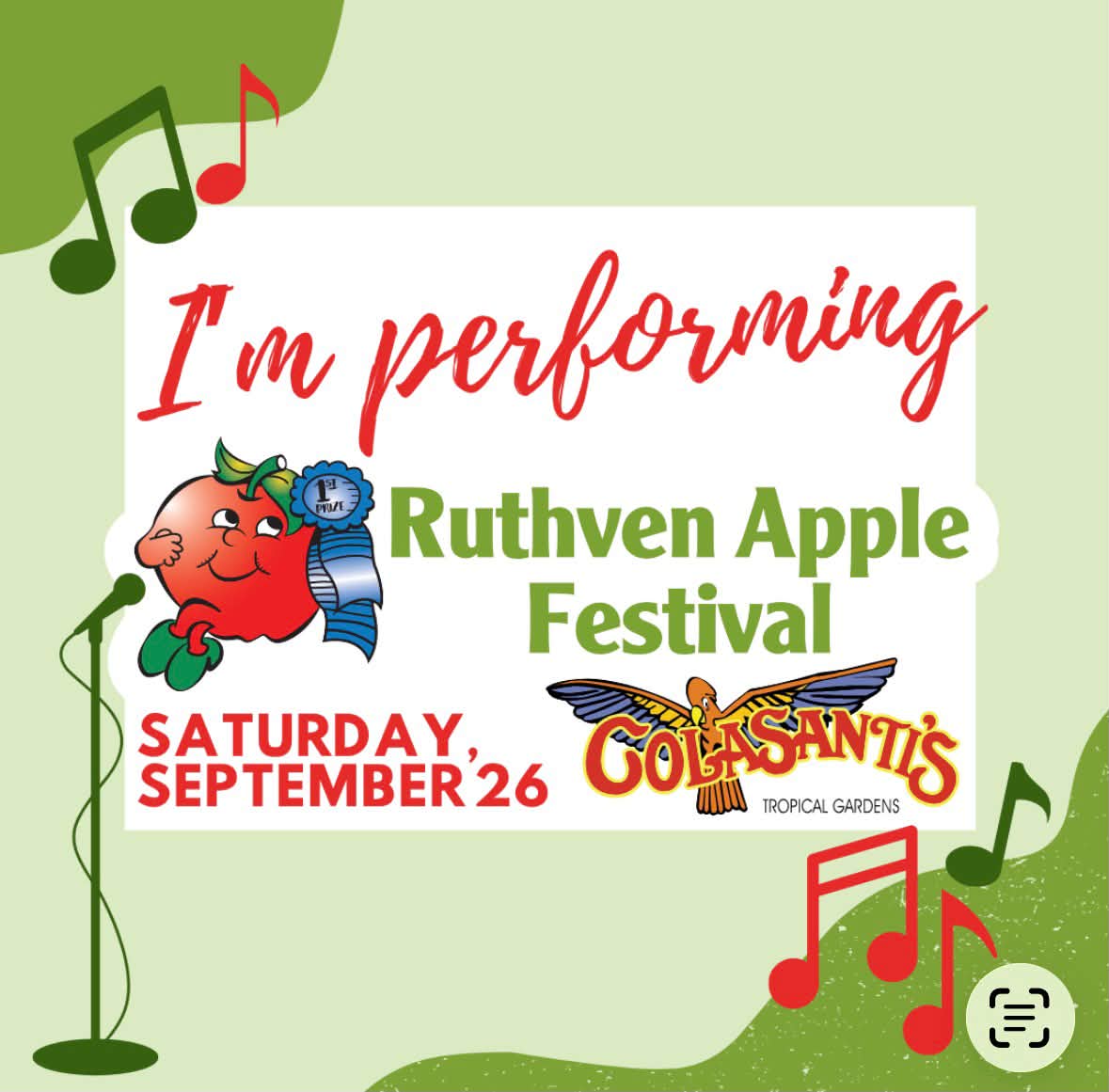Nice weekend of fall themed performances. I will be at the Ruthven Apple Fest 4:15-5:15 Saturday the 26th. as well, I will be accompanying Nico Di Tondo at the The Little Cider Company Sunday the 27th 1-4. Beautiful fall weekend ahead.
