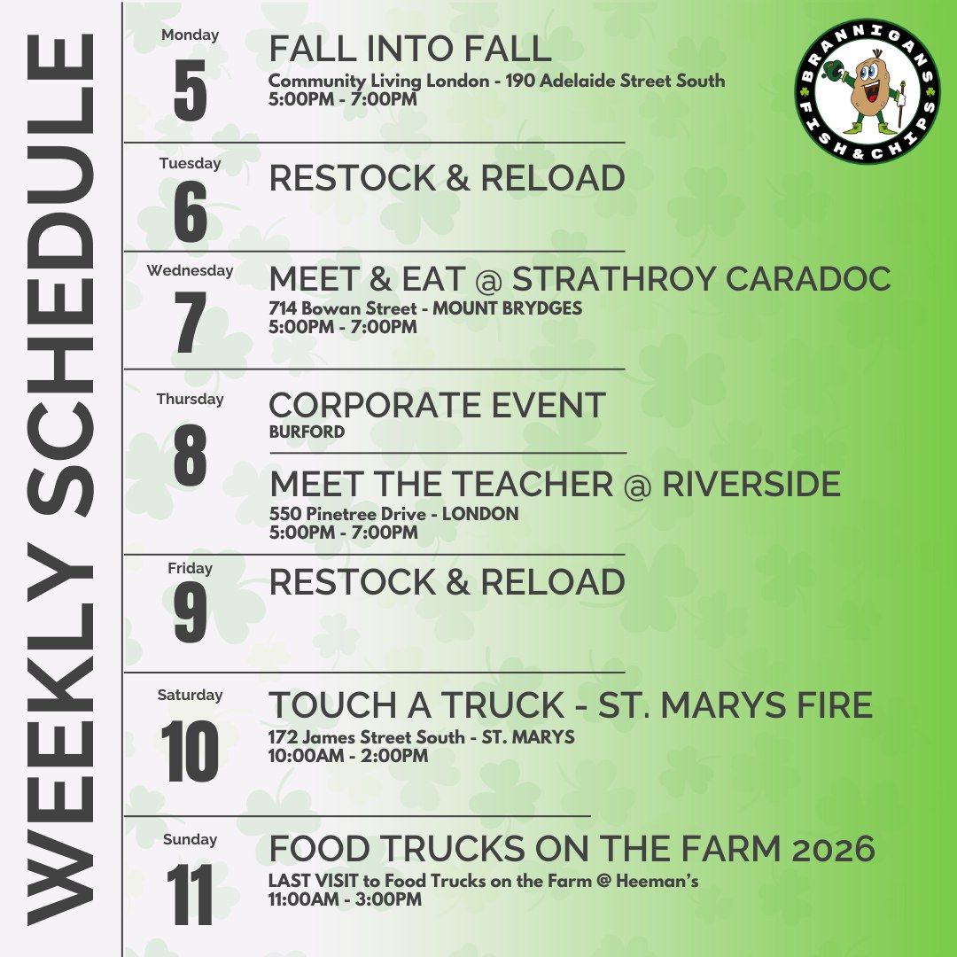 📆 And just like that, the 2026 food truck season has us winding down heading toward our last few weeks on the truck !
Mark your calendar
Come grab all of your Brannigan's faves and .... #skipthedishes
We can't wait to see you at the window☘