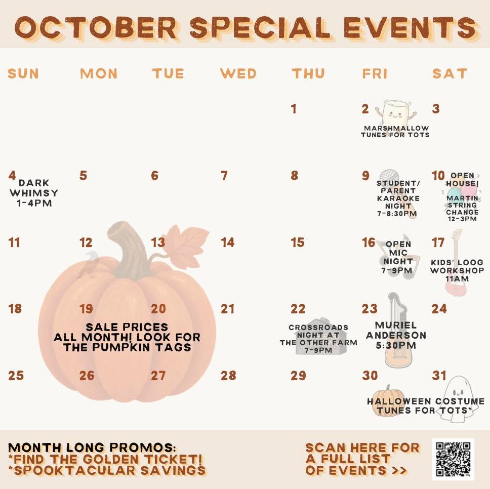 October is a BIG month at The Crossroads - it's our 3rd anniversary! π
Weβre celebrating ALL MONTH LONG with special events, Golden Tickets in a few lucky string packages, Spooktacular Savings, a gallery opening with @dark_whimsy, themed Tunes for Tots classes & more ππΆ
π₯³ Join us Saturday, October 10th for our 3rd Anniversary Open House! Stop in, celebrate with us, and see whatβs new! There will be live music, refreshments and special sales!
Thereβs a LOT packed into this month - check out our Events page for all the details! π
See everything happening this October: https://bit.ly/4jxFp5v