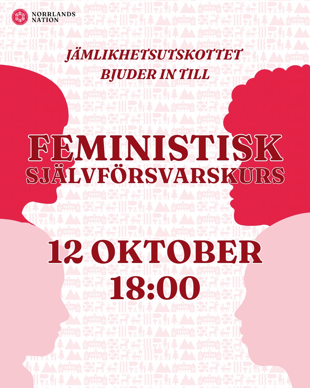 Jämlikhetsutskottet bjuder in till feministisk självförsvarskurs den 12te oktober!
Nationens jämlikhetsutskottet har bjudit in en utbildad instruktör som kommer att lära deltagarna om fysiska, verbala och mentala tekniker för att hantera situationer som kan kännas svåra eller hotfulla.
Kursen riktar sig främst till kvinnor och hålls på svenska. Den är gratis men det finns begränsat antal platser. Anmälan sker genom formuläret länkat i Facebook-evenemanget.
OM KURSEN:
Kursen kommer att kretsa kring olika övningar som kan vara allt från gränssättning till diskussioner. Detta eftersom en viktig del av det feministiska självförsvaret är att diskutera hur det är att vara kvinna i dagens samhälle och dela erfarenheter i ett tryggt rum. Instruktören kommer även att informera om relevant lagstiftning.
När: 12 oktober, 18-20
Var: Teatern, Norrlands Nation
Kostnad: Gratis!
Varmt välkomna!
____
Please note that this event will be held in Swedish.
The Equality Committee invites you to a feminist self-defense class on October 12th!
The Nation's Equality Committee has invited a qualified instructor who will instruct the participants on physical, verbal and mental techniques to deal with situations that may feel difficult or threatening.
The course is primarily targeting women and will be held in Swedish. It is free to join but there are limited spots available. Register through the form linked in the Facebook-event.
ABOUT THE COURSE:
The session will revolve around various exercises that can range from setting boundaries to discussions. This because an important part of feminist self-defense is to discuss what it is like to be a woman in today's society and share experiences in a safe space. The instructor will also present information about relevant legislation.
When: October 12, 18-20
Where: Teatern, Norrlands nation
Price: Free!
Welcome!