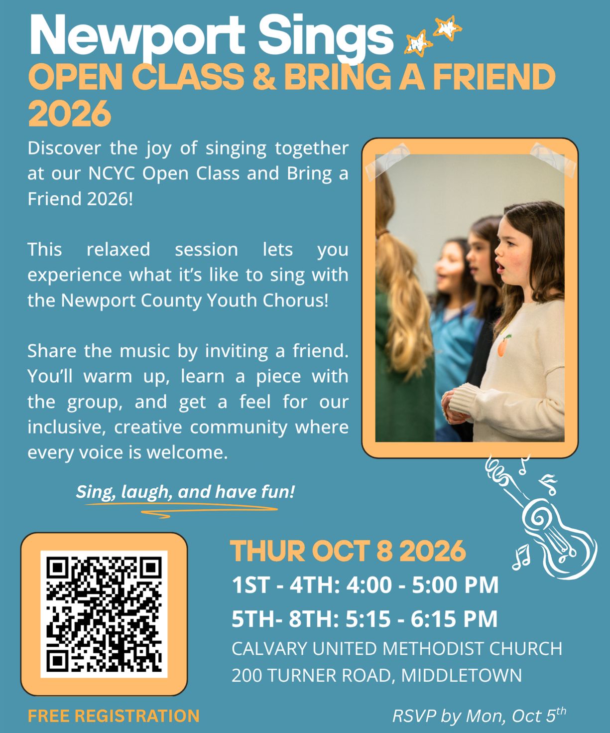 Does your child love to sing? Are you searching for an after-school activity for your child that is joyful and engaging where they can meet new friends? We've got it!
Discover the joy of singing together at our NCYC Open Class and Bring a Friend 2026 🎶
This relaxed session lets you experience what it’s like to sing with the Newport County Youth Chorus! Share the music by inviting a friend 👫. You’ll warm up, learn a piece with the group, and get a feel for our inclusive, creative community where every voice is welcome.
Join us on Thursday, October 8 at Calvary United Methodist Church, 200 Turner Road, Middletown.
4:00 - 5:00 pm: Prep Chorus for students in grades 1 - 4.
5:15 - 6:15 pm: Pre-Teen and Teen Chorus for students in grades 5 - 8.
#community #CommunityChoir #childrenschoir #newport #RhodeIsland