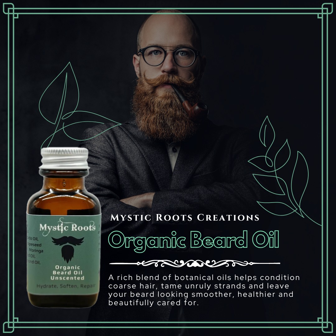 Mystic Roots Organic Beard Oil is a pure, unscented blend created to nourish the beard and the skin underneath. Made with organic oils including argan, jojoba, avocado, castor, black seed, and sweet almond oil, it helps:
✨ Soften coarse beard hair
✨ Reduce dryness, itchiness, and flaking
✨ Tame and improve manageability
✨ Add natural shine
✨ Support a healthier, fuller-looking beard
No artificial fragrance—just pure, unrefined organic oils and simple daily care.
Shop Mystic Roots Creations and give your beard the nourishment it deserves.