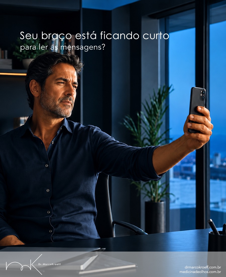Você precisa de mais espaço para ler suas mensagens?
Pode ser presbiopia. E, com o passar dos anos, ela chega para todos.
A presbiopia acontece porque o cristalino — a lente natural dos nossos olhos — perde gradualmente parte da sua capacidade de acomodação, ou seja, de ajustar o foco para diferentes distâncias.
É por isso que ler uma mensagem no celular, enxergar o cardápio ou realizar tarefas de perto pode começar a exigir mais esforço — e, quase sem perceber, você passa a afastar cada vez mais o que está tentando ler.
Mas os óculos para perto não são, necessariamente, a única possibilidade.
Hoje, existem diferentes estratégias que podem ser avaliadas para reduzir a dependência dos óculos e proporcionar maior conforto visual em diferentes distâncias, inclusive abordagens cirúrgicas em pacientes que apresentam indicação.
A presbiopia faz parte do passar do tempo. Depender dos óculos para cada tarefa de perto não precisa, necessariamente, fazer parte da sua rotina.
Cada caso, porém, exige uma avaliação individual, considerando as características dos olhos, a rotina e as necessidades visuais de cada paciente.
O primeiro passo é descobrir qual estratégia pode ser indicada para você.
#drmarcokroeff #LiberdadeVisual #SaúdeOcular #VisãoSemLimites #ResultadosQueFalam #ViverSemÓculos
Agende sua consulta, terei o maior prazer em dar a melhor orientação.
Dr. Marco Antônio Kroeff
Primar Oftalmologia POA ✆ 3222.7974
Clínica Otovisão Gravataí ✆ 3497.6000
www.drmarcokroeff.com.br