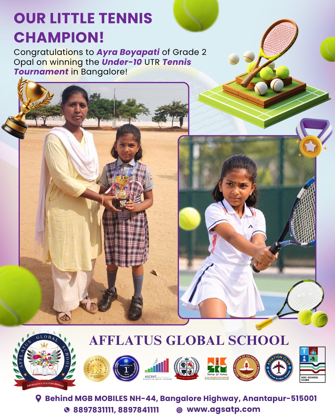 A Smashing Achievement! ๐๐พ
Heartiest congratulations to our young tennis champion, Ayra Boyapati of Grade 2 Opal, for winning the Under-10 UTR Tennis Tournament in Bangalore! Your hard work and determination have made us proud!
#TennisChampion #AyraBoyapati #ProudMoment #UTRTournament #YoungAchiever #TennisStar #SchoolPride