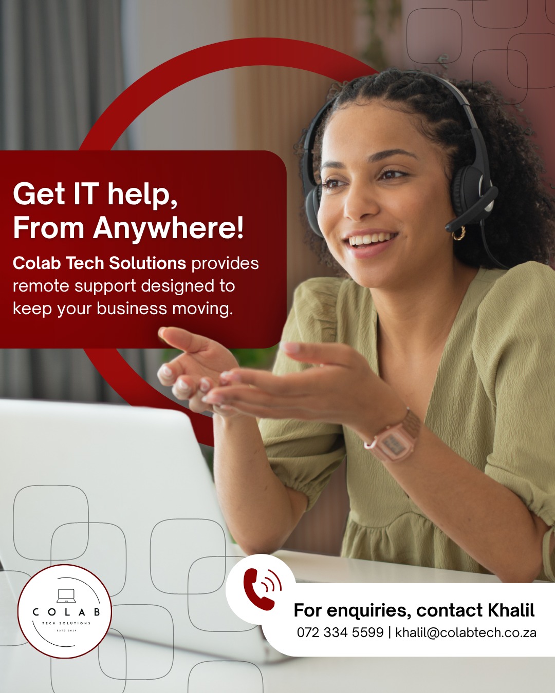 IT help, from anywhere.
When your team runs into a technical issue, support shouldn’t feel out of reach.
Colab Tech Solutions offers remote IT support designed to help businesses troubleshoot problems, stay connected, and keep work moving with less disruption.
Whether your team is working from the office, from home, or on the go, we’re here to provide practical support when you need it.
Remote support designed to keep your business moving.
For enquiries, contact Khalil:
📞 072 334 5599
📧 khalil@colabtech.co.za
#ColabTechSolutions #RemoteITSupport #ITSupport #TechSolutions #BusinessTechnology #RemoteSupport #ITServices