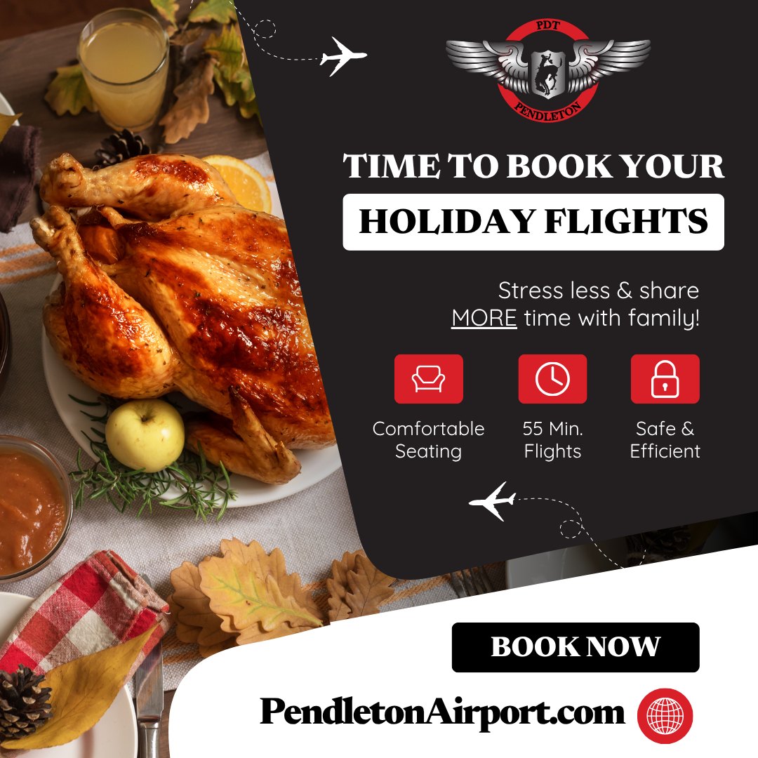 The holidays will be here before you know it! 🦃✈️
If you’re planning to travel, now is a great time to start thinking about your flights. Skip the long drive to Portland and start your trip right here in Pendleton.
Book your holiday flights from PDT and spend less time on the road and more time with the people who matter.
Fly PDT. Travel safe for the holidays. Book today by clicking the link in our bio.
.
.
#PendletonAirport #HolidayTravel #HolidaySeason #Transportation #PDT #PDX #FlyPDT