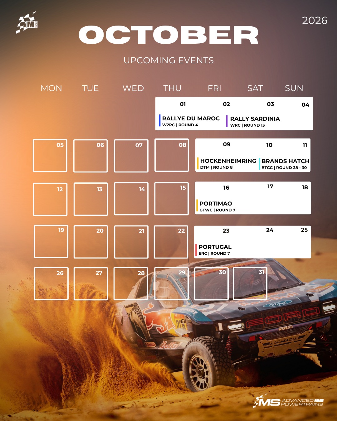 Some dates for the diary this October 🗓️🏁
It’s another action packed month for M-Sport, with everything from Pumas to Raptor T1+s and plenty in between taking to stages and circuits across the globe 🌍
From the final WRC showdown in Sardinia and the challenging Rallye du Maroc, to high speed racing at Hockenheimring, Brands Hatch and Portimão, there’s plenty to look forward to!