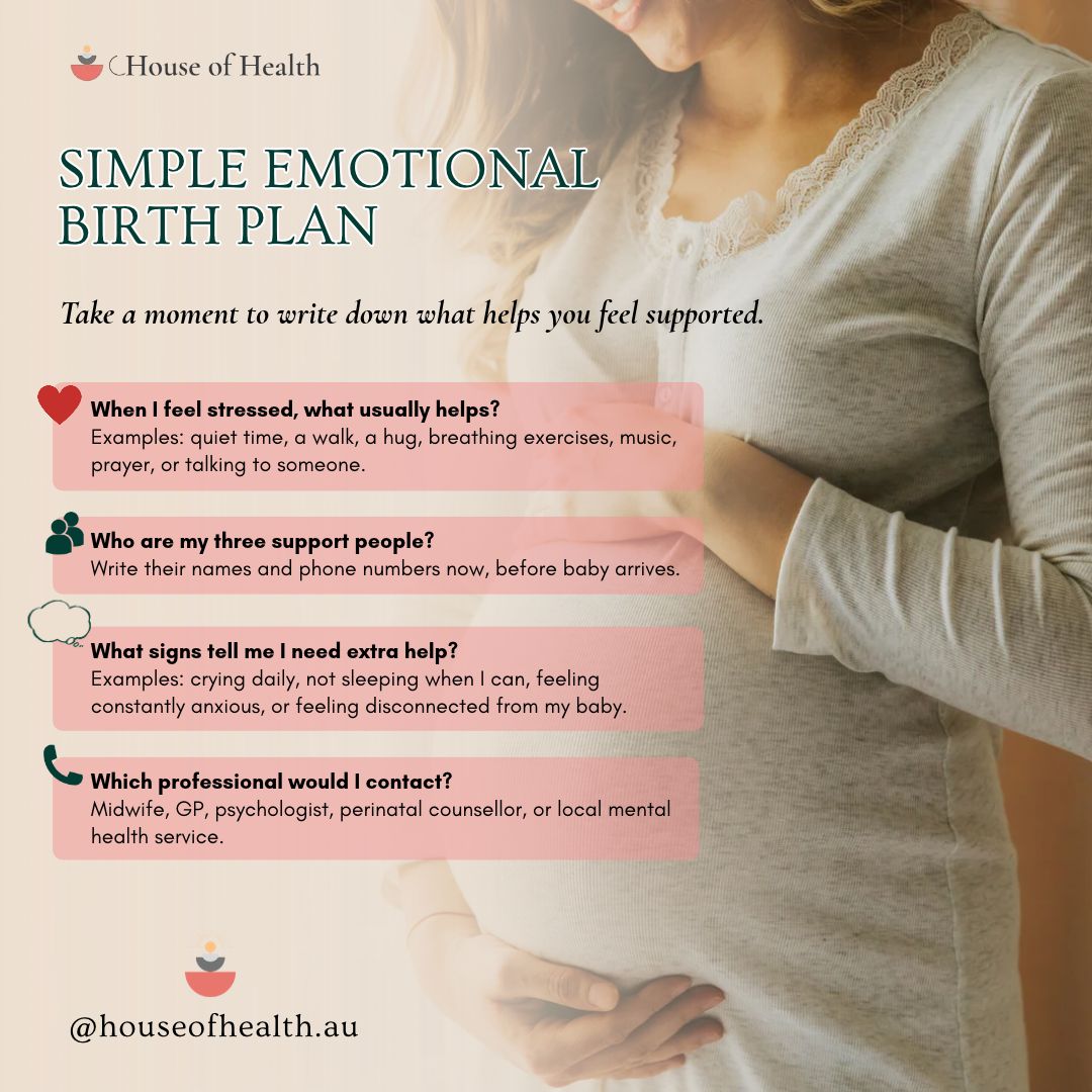 Take a few quiet minutes to write down your answers to the four questions, so you know what helps and who you can turn to when you need support.
You can make this plan during pregnancy and change it whenever you need to. Save this post for a quiet moment, then start with just one name or one thing that helps.
You deserve support through this transition, too. 💗
#birthplan #preparingforparenthood #perinatalmentalhealth #PregnancySupport #pregnancysupport #postpartumsupport #newparentsupport #maternalmentalhealth #houseofhealthclinic