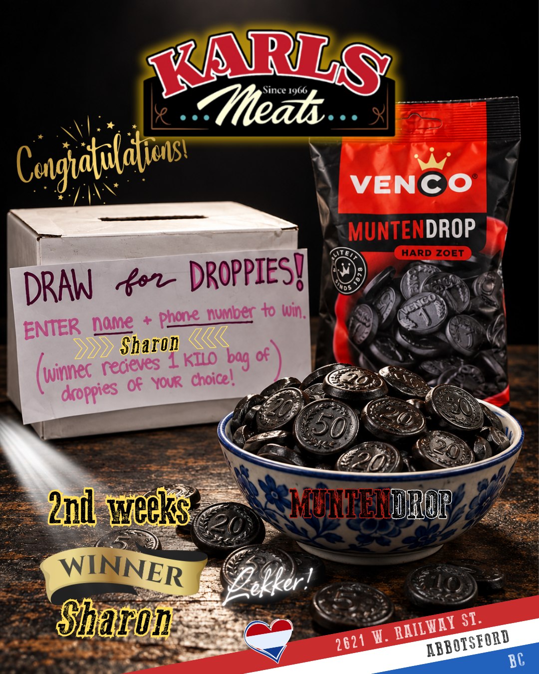🍬 HAPPY FRIDAY, LICORICE LOVERS! 🇳🇱
🎉 Congratulations to SHARON—this week’s lucky Draw for Droppies winner! 🎉
Sharon has won ONE KILO of licorice of her choice! Now comes the delicious decision…
What’s it gonna be, Sharon—SALTY, SWEET, or BOTH? 🤔 A packaged favourite or your own custom mix from our bulk bins? The choice is yours! 😋
🪙 Today’s spotlight: Muntdrop—coin-shaped licorice! Here’s some pocket change we’d happily spend our snack break on. Would these little licorice coins make it into YOUR winning bag?
Will it be your turn next week? The only way to find out is to enter!
📝 Look for the “Draw for Droppies” sign at the counter, fill out a ballot with your name and phone number, and drop it in the box.
There are TWO draws left—October 9th and October 16th! Your kilo of happiness could be next.
🛍️ No need to wait for a win—the weekend is just getting started, and everyone needs some droppies! Pop into Karl’s, pick up some Muntdrop or your usual favourites, and enter the next draw while you’re here!
👇 Help us congratulate Sharon in the comments!
Smakelijk eten! 😋
— The Karl's Meats Team 💪
📍 Karl's Meats
2621 W. Railway St, Abbotsford, BC
📞 (604) 859-9011
#KarlsMeats #DrawForDroppies #Muntdrop #HappyFriday #LicoriceLovers #SaltyOrSweet #Abbotsford #ShopLocal