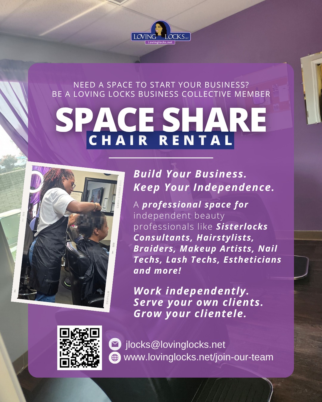 Looking for a professional space to grow your beauty business? ✨
The Loving Locks Space Share, located in Plymouth, Michigan, offers flexible rental options for independent professionals who want to serve their own clients, work on their own schedule, and grow their business in a professional salon environment.
💺 Chair Rental — $10/hour
📅 Weekly rental options available
🏢 Private suite available
💼 Business Collective membership required
Membership fee is separate from space rental.
Business Collective membership options start at $50/month.
Space Share is open to Sisterlocks® consultants, braiders, estheticians, lash techs, makeup artists, hairstylists, nail techs, and more!
Interested in learning more? Contact Janelle at jlocks@lovinglocks.net for more information about Space Share, private suite availability, and Business Collective membership.
📍 Plymouth, Michigan
#LovingLocks #SpaceShare #SalonSpace #ChairRental #PrivateSuite #BeautyProfessionals #BeautyBusiness #Sisterlocks #smallbusiness #braiders #microlocks #nailtech #plymouthmichigan #michigan
