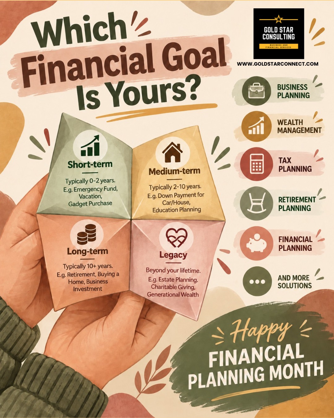 🎉 Happy Financial Planning Month! 🎉
There’s something worth celebrating about having a plan for your financial future! 💰✨
Whether you’re saving for a short-term goal, preparing for a major milestone, building wealth, planning for retirement, or creating a legacy—your goals deserve a strategy.
This month, let’s celebrate the goals you’ve reached, the progress you’re making, and the future you’re building. 🥂📈
🌟 What financial goal are you working toward next?
Share yours below and let’s celebrate the journey together!
Ready to take the next step? Connect with Gold Star Consulting and start turning your financial goals into a thoughtful plan.
Know Your Numbers. Understand Your Options. Plan for Your Future.
#HappyFinancialPlanningMonth #FinancialGoals #FinancialPlanning #FinancialWellness #MoneyGoals #WealthPlanning #RetirementPlanning #TaxPlanning #BusinessPlanning #FinancialEducation #FinancialFuture #PlanWithPurpose #GoldStarConsultingChicago