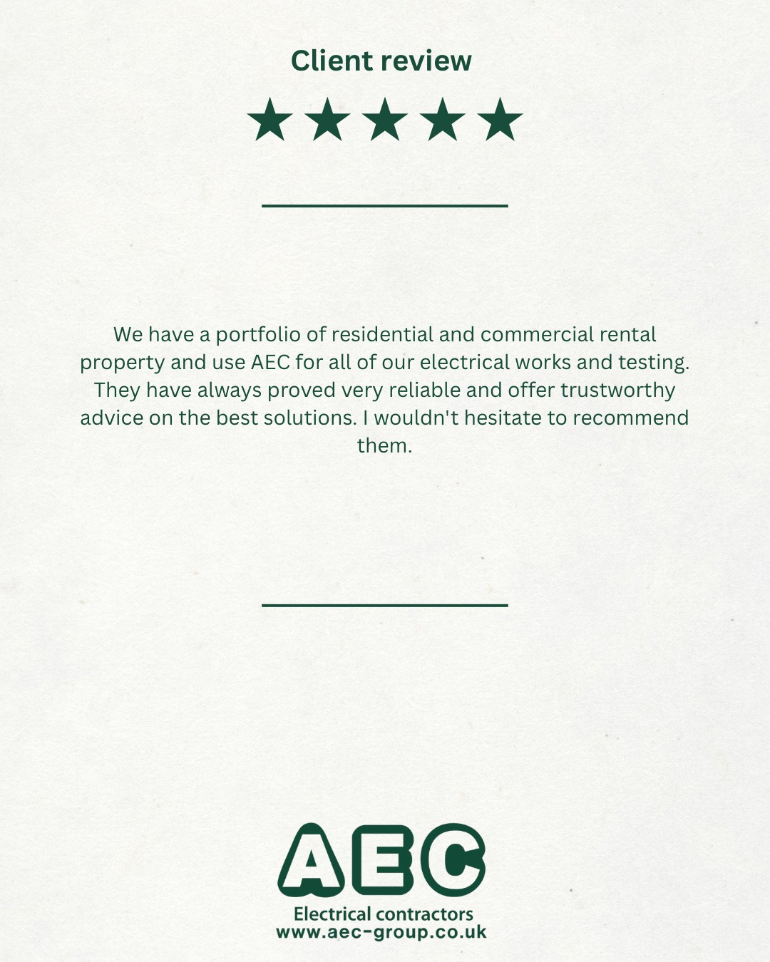 A Big Thank you to our client who left
this lovely review within our google reviews!⭐️
We value all feedback left.
📞 01582 477 600
🌐 www.aec-group.co.uk
📧info@aec-group.co.uk
#AEC #aecelectrical #niceicapprovedcontractor
#niceicregisteredelectrician #lighting #led
#ledlightingdesign #design #Lutron #astro #electrician
#reviews