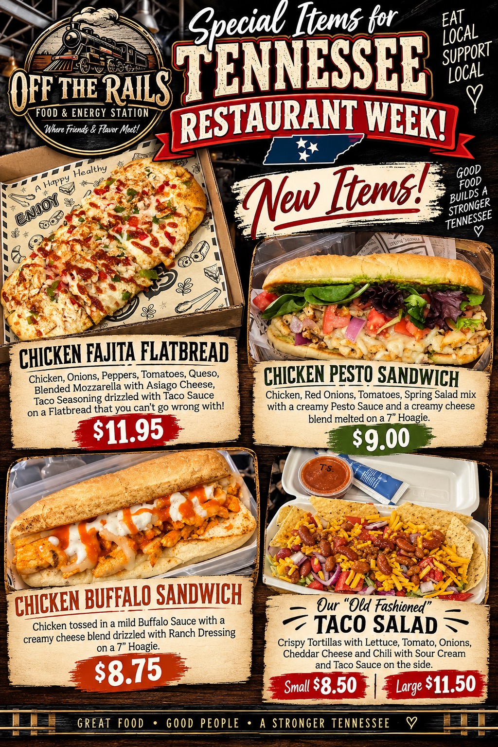 First stop: Off the Rails! 🚂🍽️ We’re kicking off our Tennessee Restaurant Week spotlights with Off the Rails Food & Energy Station in Tracy City!
Visit October 5–10 and try their specials:
🌶️ Chicken Fajita Flatbread — $11.95
🌿 Chicken Pesto Sandwich — $9.00
🔥 Chicken Buffalo Sandwich — $8.75
🥗 “Old Fashioned” Taco Salad — Small $8.50 | Large $11.50
Make a day of exploring Tennessee’s South Cumberland, then bring your appetite to Visit Tracy City. Eat local, support local and let us know which special you’re trying first! 😋 Off the Rails
.
.
#TennesseeRestaurantWeek #OffTheRails #TracyCityTN #TennesseesSouthCumberland #EatLocal