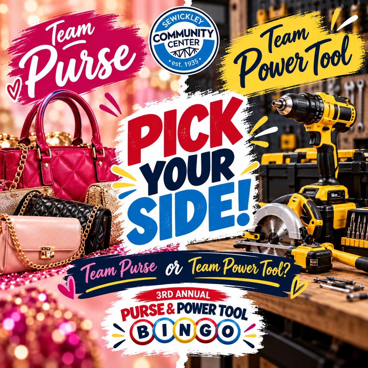 Pick Your Prize” 👜 vs. 🔨
-
You hear BINGO! 🎉 Now comes the important question… Are you hoping there's a PURSE 👜 waiting for you—or are you heading straight for the POWER TOOLS 🔨?
-
Tell us: TEAM PURSE or TEAM POWER TOOL? 👇 Bonus points if you tag the person coming with you who would choose the exact opposite. 😂
Don't forget to get your tickets here: https://www.sewickleycommunitycenter.com/event-details/purse-power-tool-bingo-2